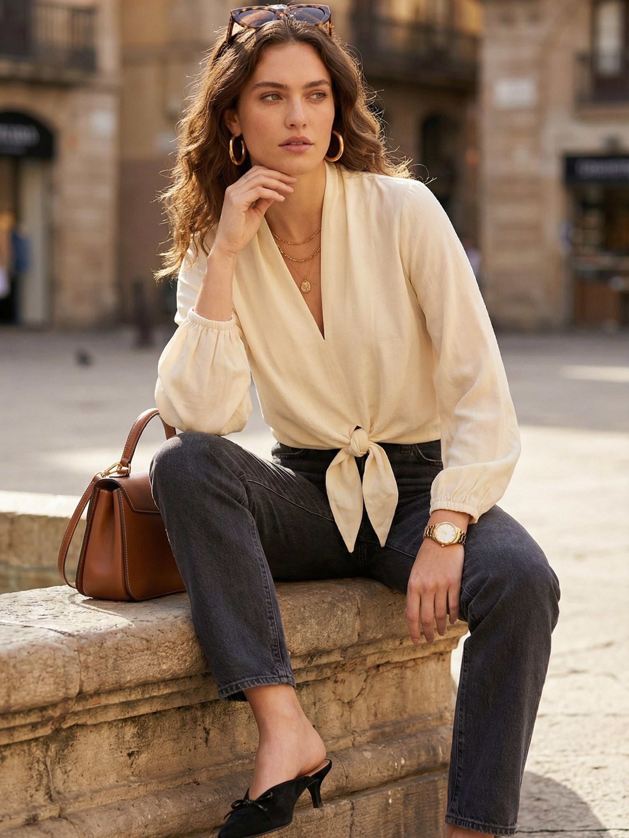 Capri Tie-Front Blouse in breathable cupro with V-neck and long sleeves, styled with elastic cuffs and tie front detail
