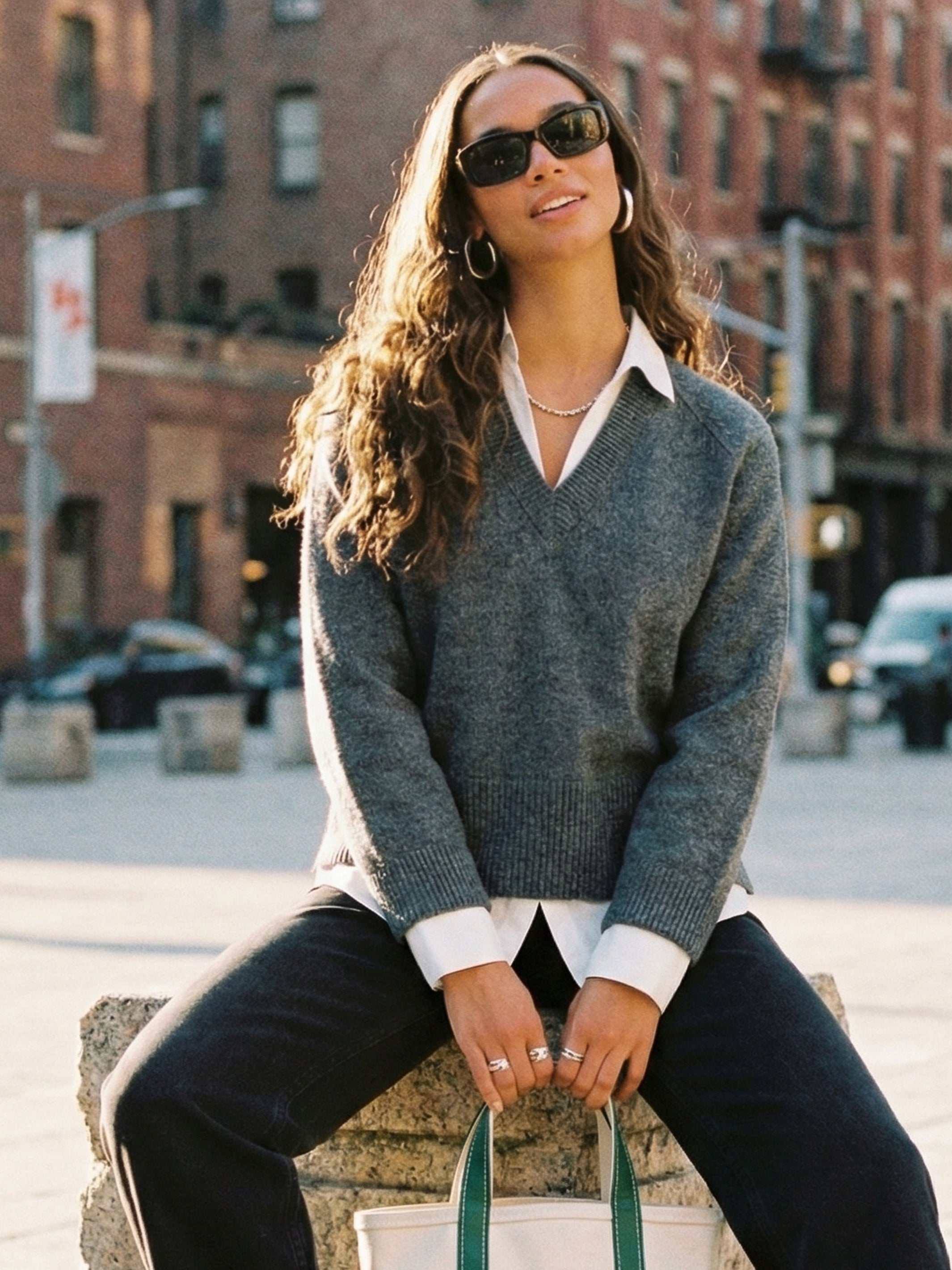 Charcoal and off-white Carrie Mixed Media Sweater with classic collar and raglan sleeves