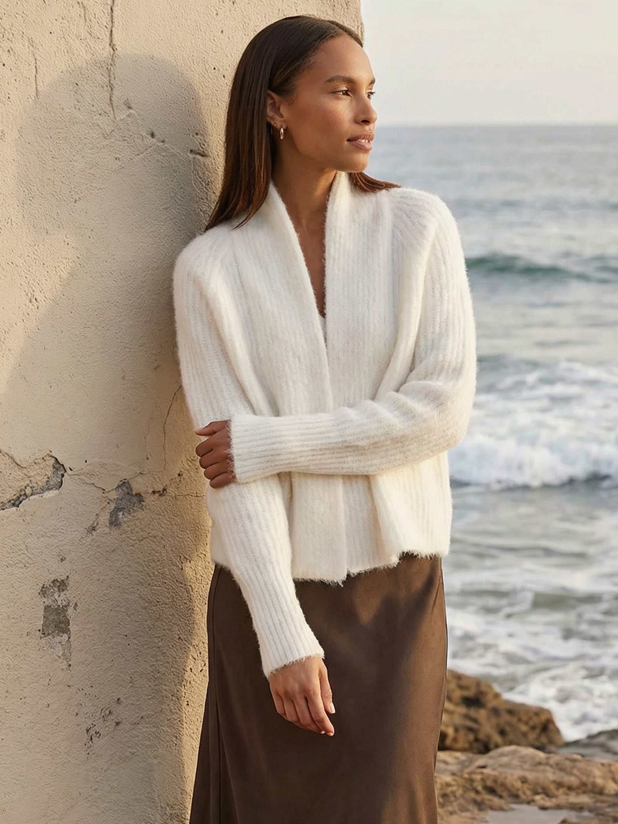 Cely Cropped Cardigan with plush recycled fiber blend, open front, and long raglan sleeves.