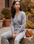 Drea Shirred Knot Top long sleeve crew neck pullover with side knot detail and wide cuffs in soft double-brushed knit