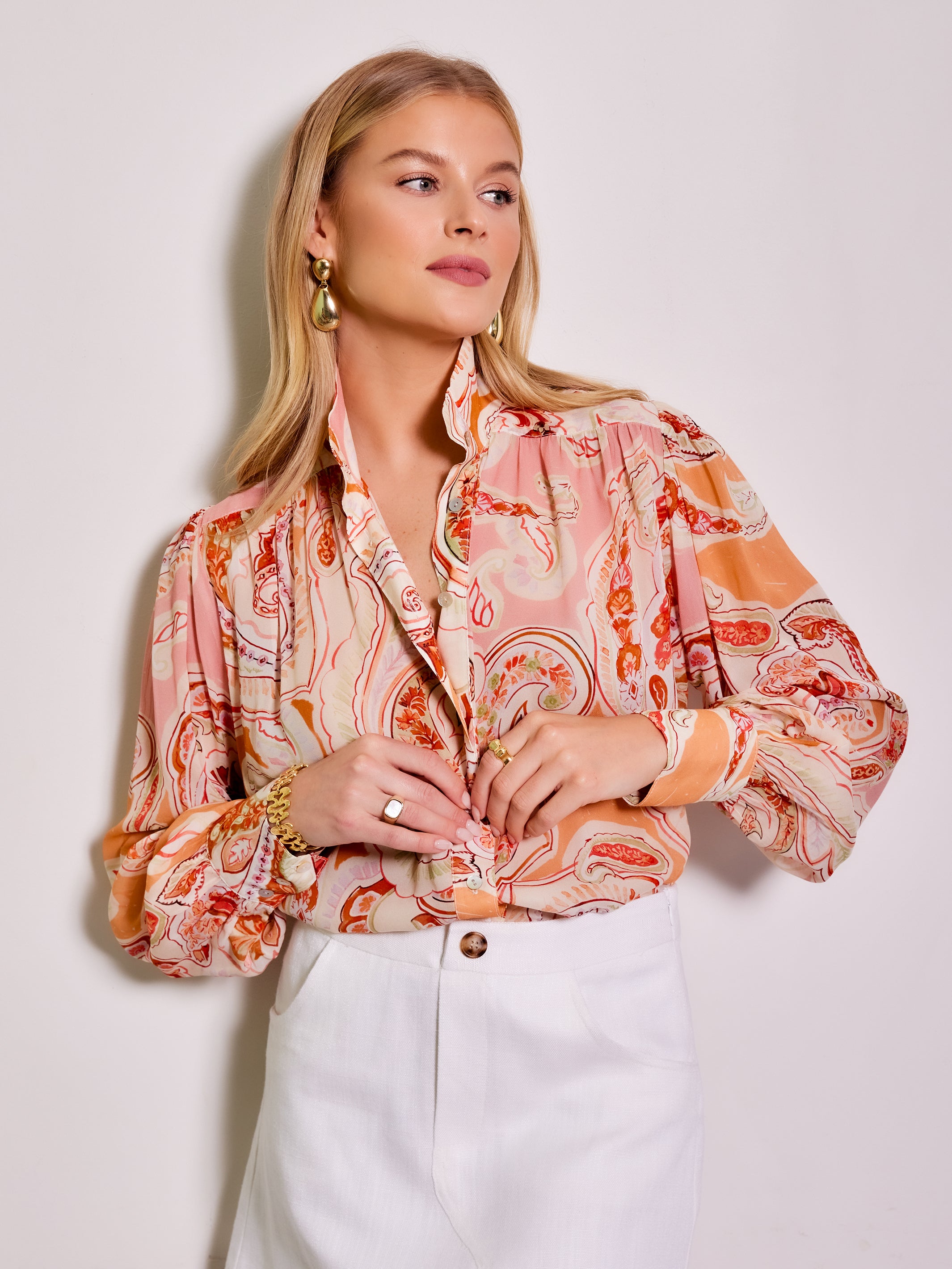 Shirred Button Up Blouse