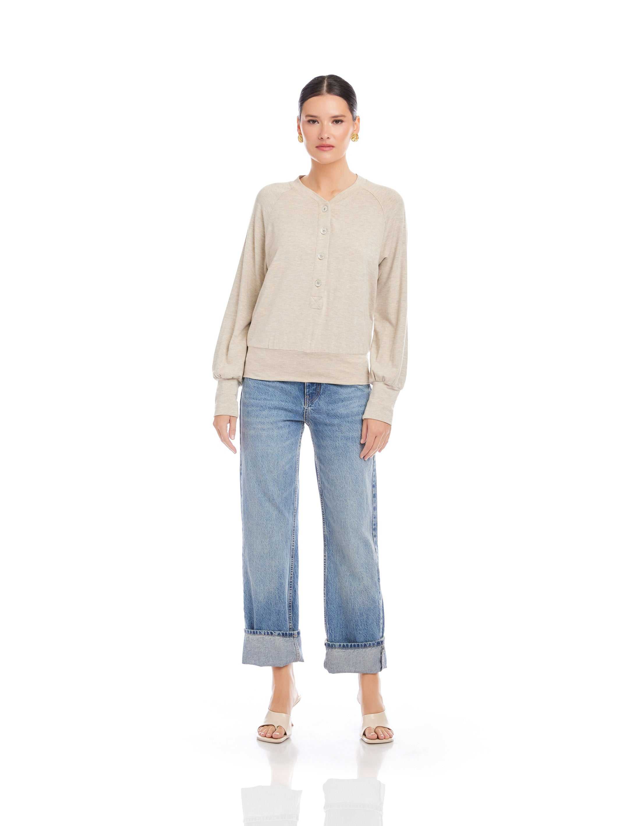 Mara Henley Top - Casual French Terry V-Neck with Button Placket