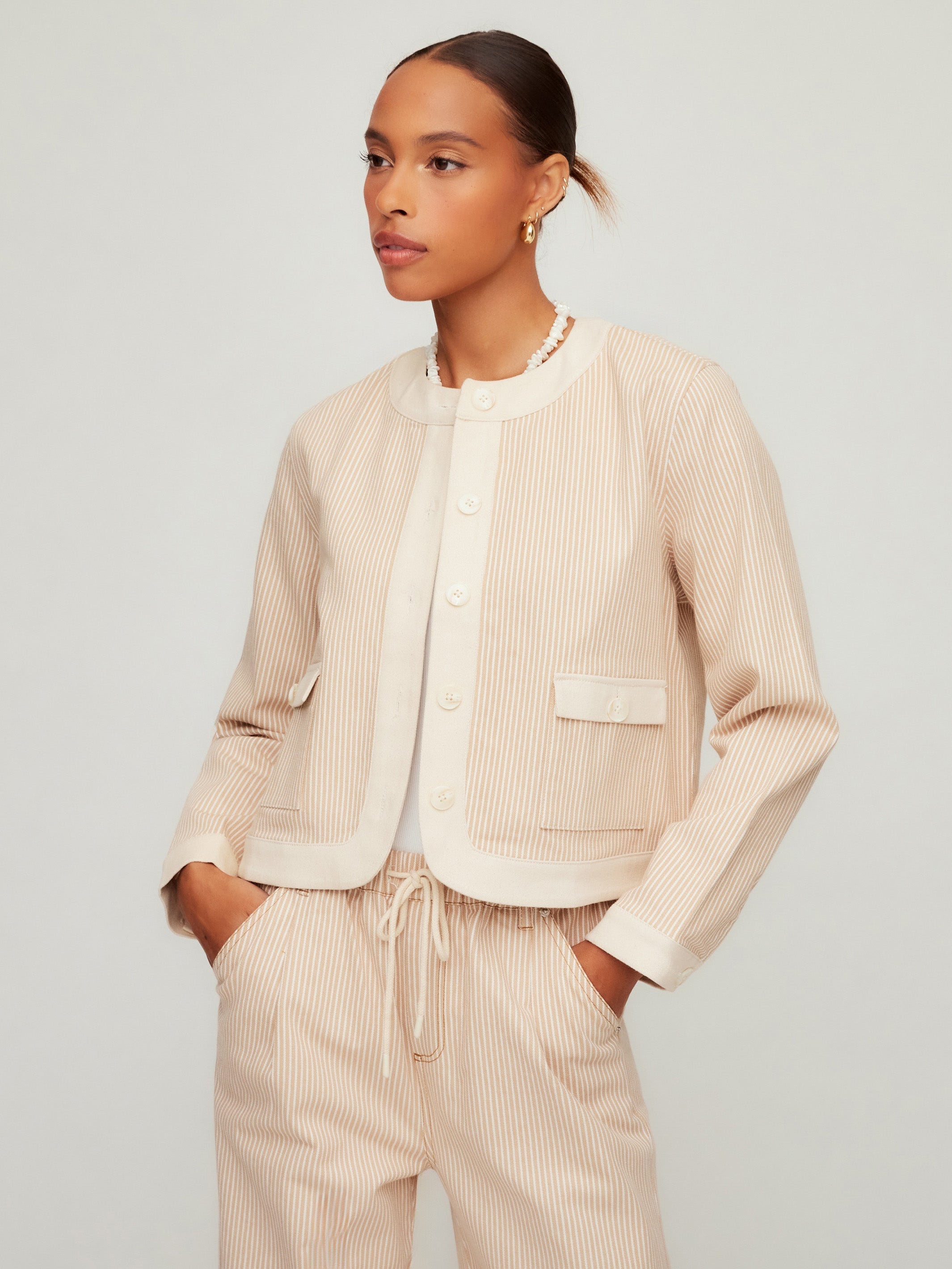 Myra Contrast Cropped Jacket lightweight striped cotton with contrast trim and button-front design