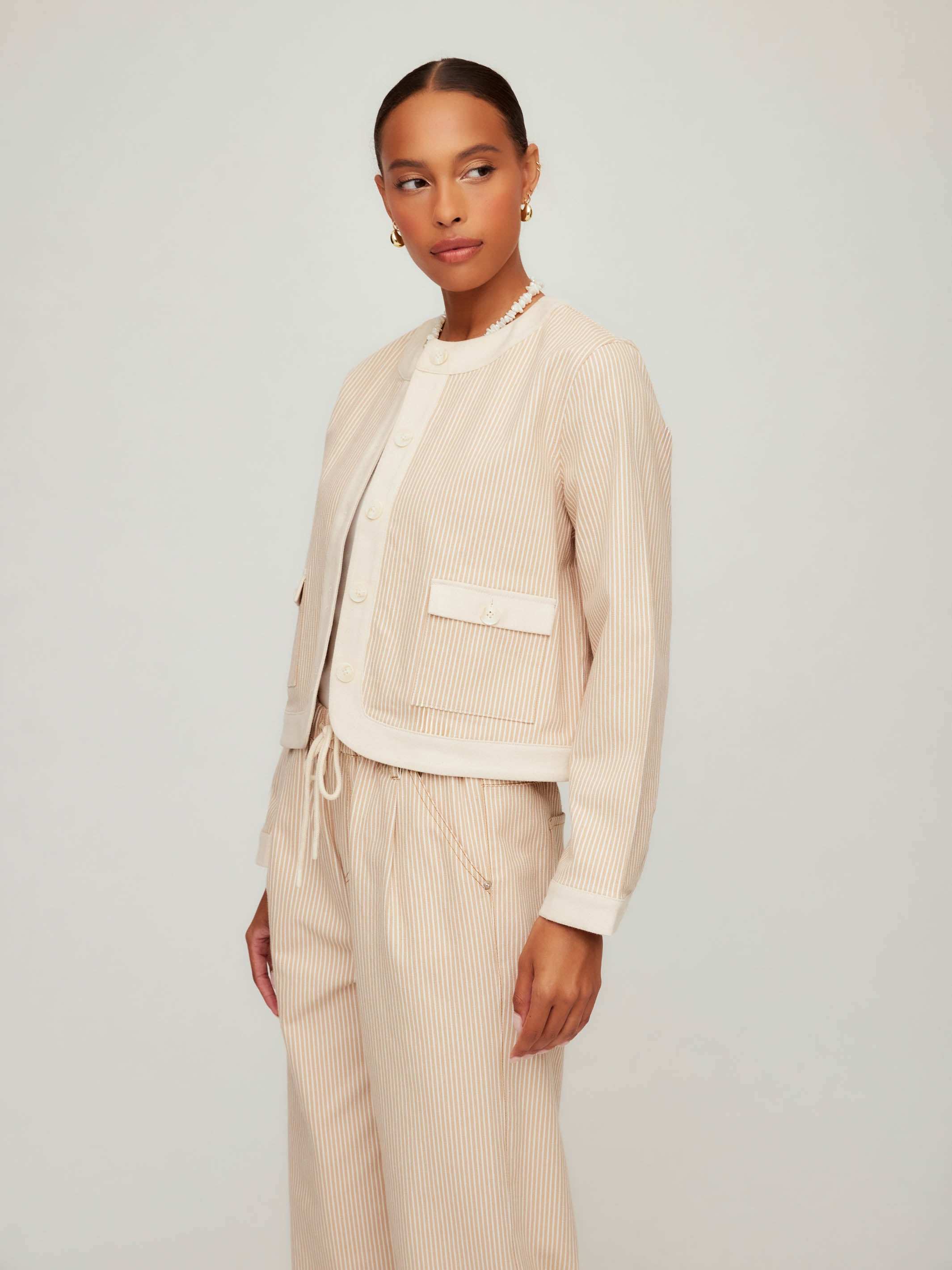 Myra Contrast Cropped Jacket in lightweight yarn-dyed stripe with contrast trim, button-front, long sleeves, and flap pockets