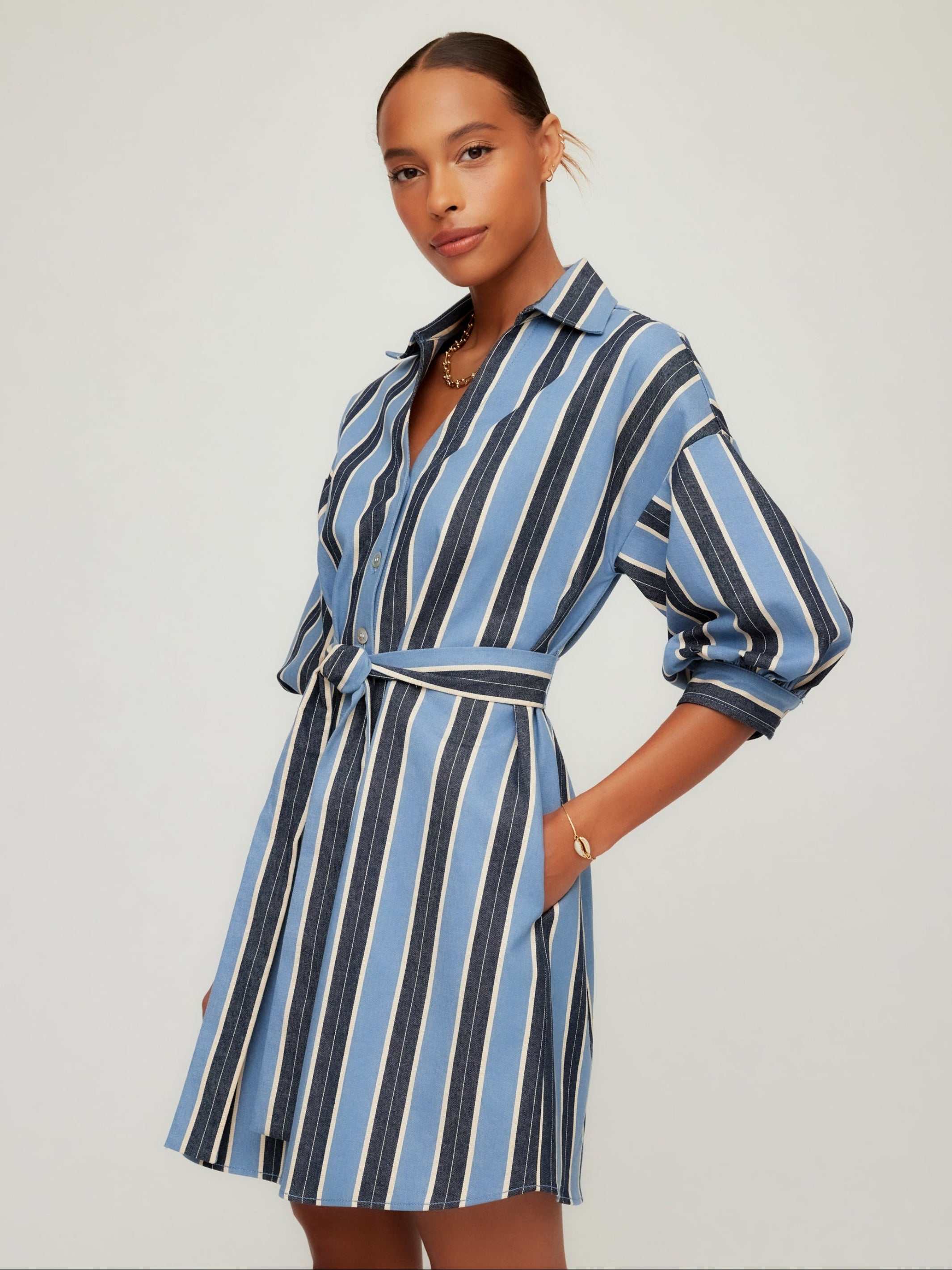 Fifteen Twenty Women's Blaire Lantern Sleeve Tie Dress In Blue And Cream 1F48902