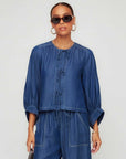 Cassie Lantern Sleeve Top in soft washed Tencel with gathered neckline and 3/4 lantern sleeves.