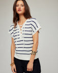 Beth Crochet Stripe Cap Sleeve Lace-Up Sweater
