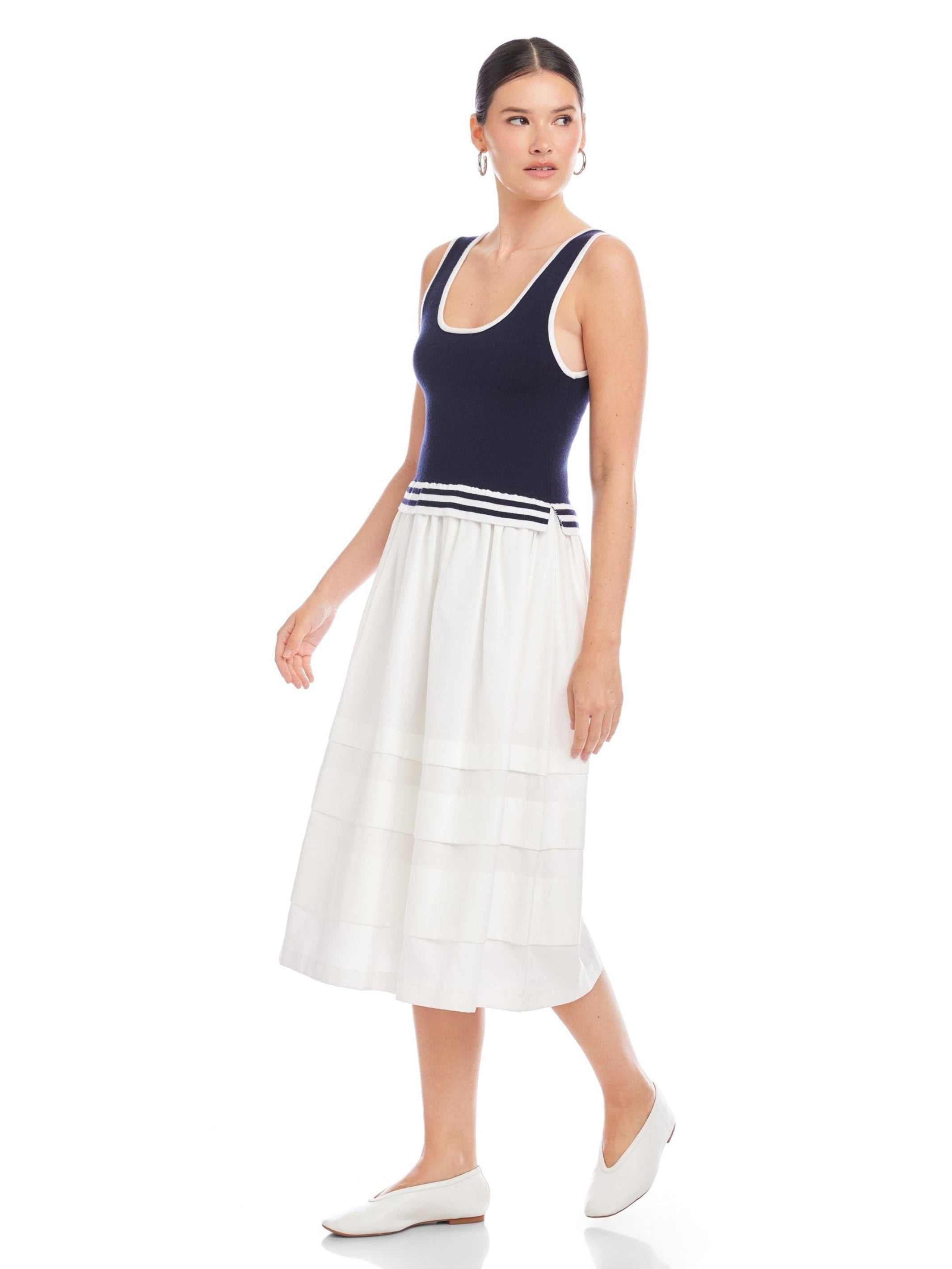 blue and white contrast dress Avec Les Filles Women's Blanket Stitch Spread Collar Mini Dress - Ice Blue