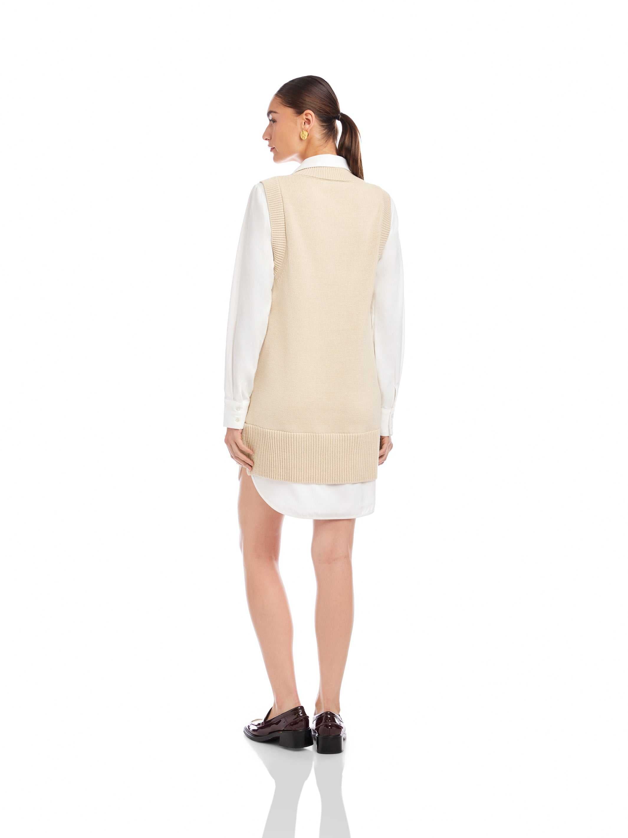 v neck vest dress Fifteen Twenty Elora Mixed Media Vest Dress - Oatmeal