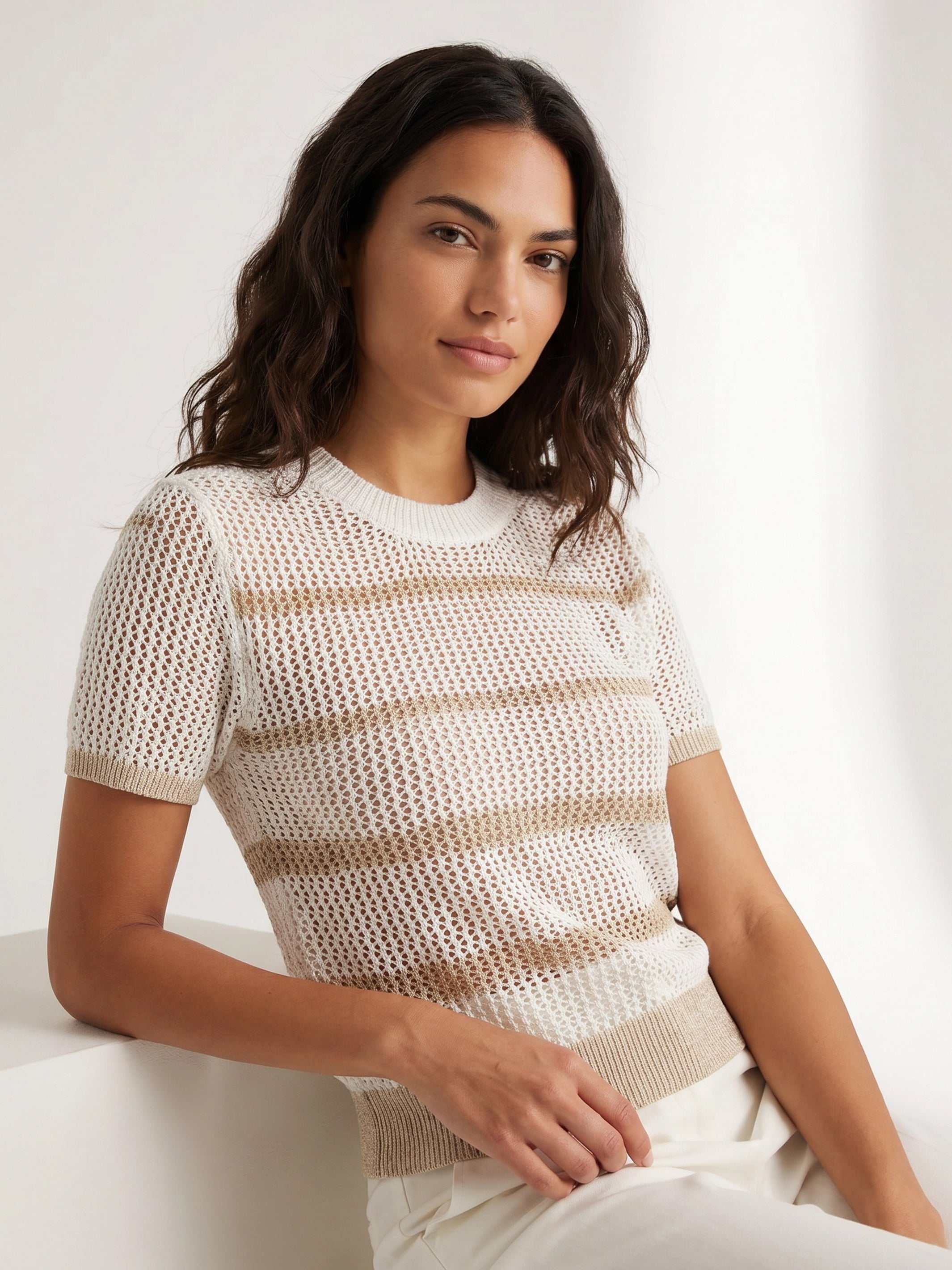 Lightweight Faye Crochet Sweater Top with crew neck and short sleeves in semi-sheer open-knit design