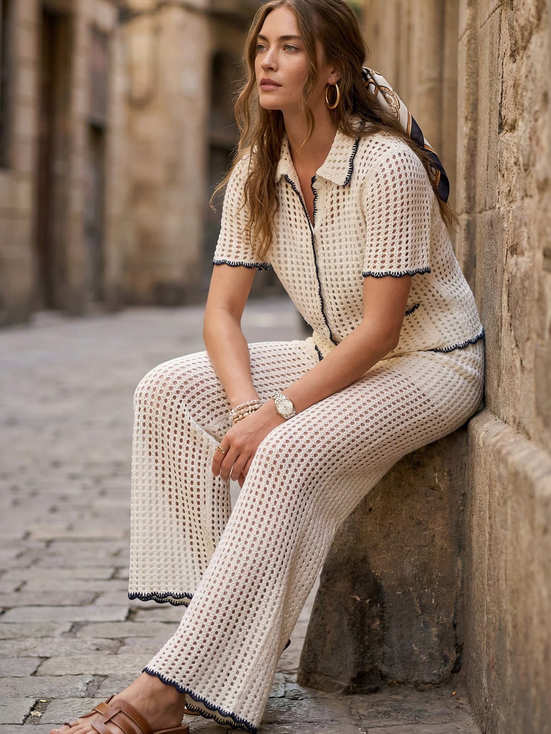 Gianna crochet pants with wide leg, scalloped edges, drawstring waist, and back pockets in soft breathable yarn