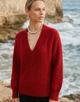 Heather V-Neck Sweater with long raglan sleeves, ribbed cuffs and hem, relaxed fit, cozy knit with minimal wool content.