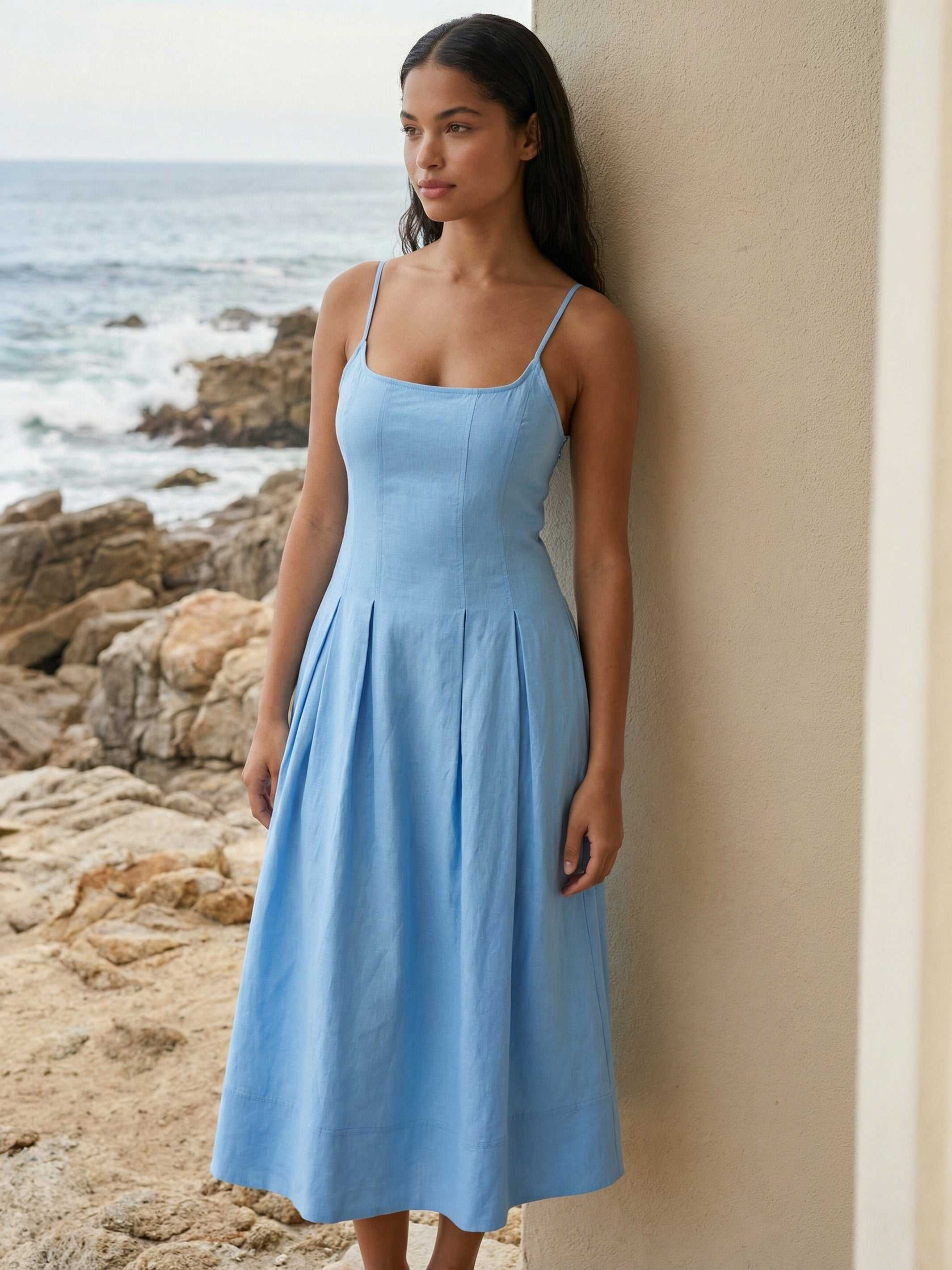 Jessa Midi Dress sleeveless linen blend with adjustable straps and side pockets