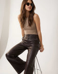 Lara faux leather wide-leg pants with button-zipper closure and elastic waistband