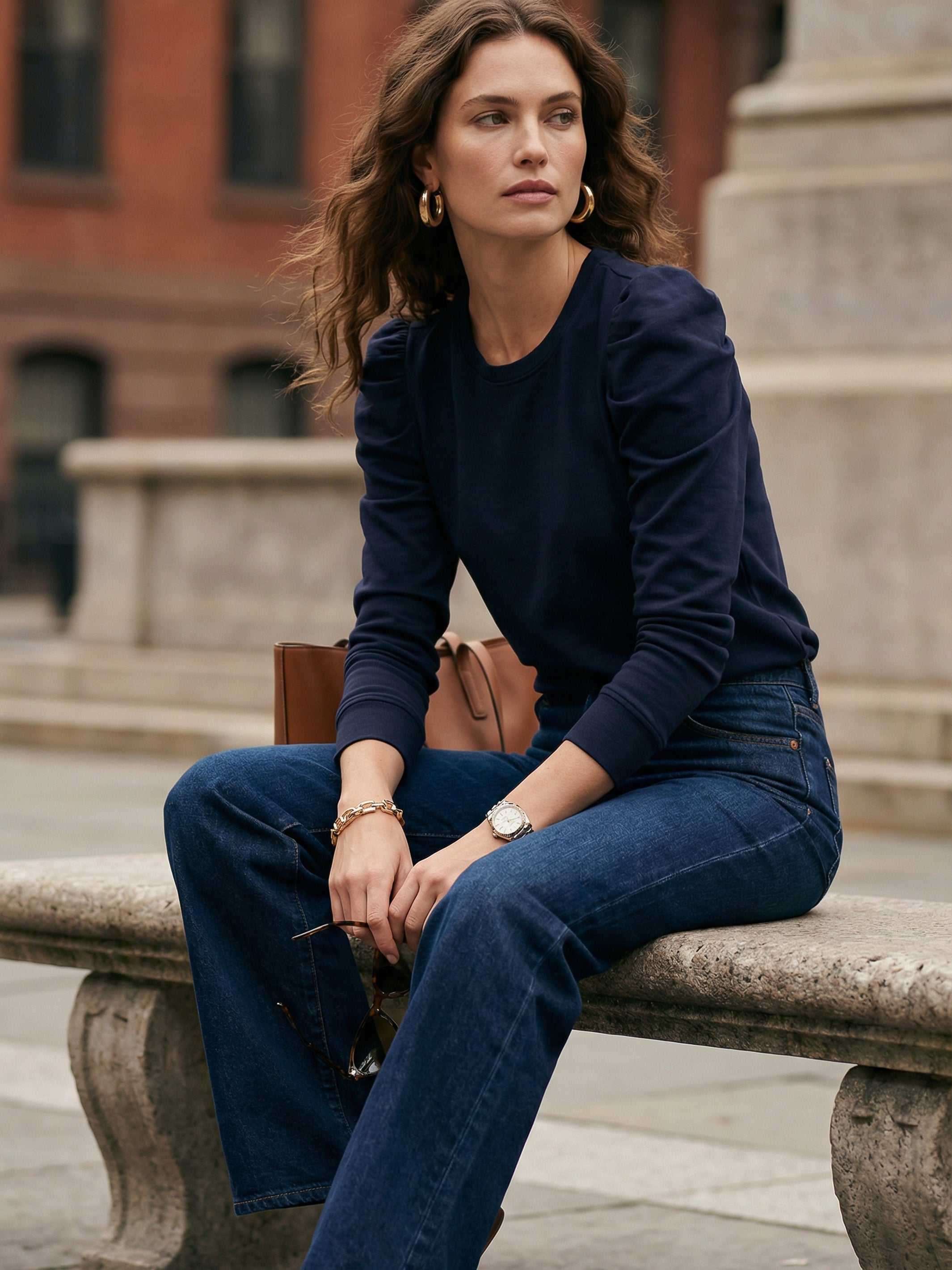 Leila Puff Sleeve Top soft fleece knit long sleeve crew neck with puff sleeves and banded hem