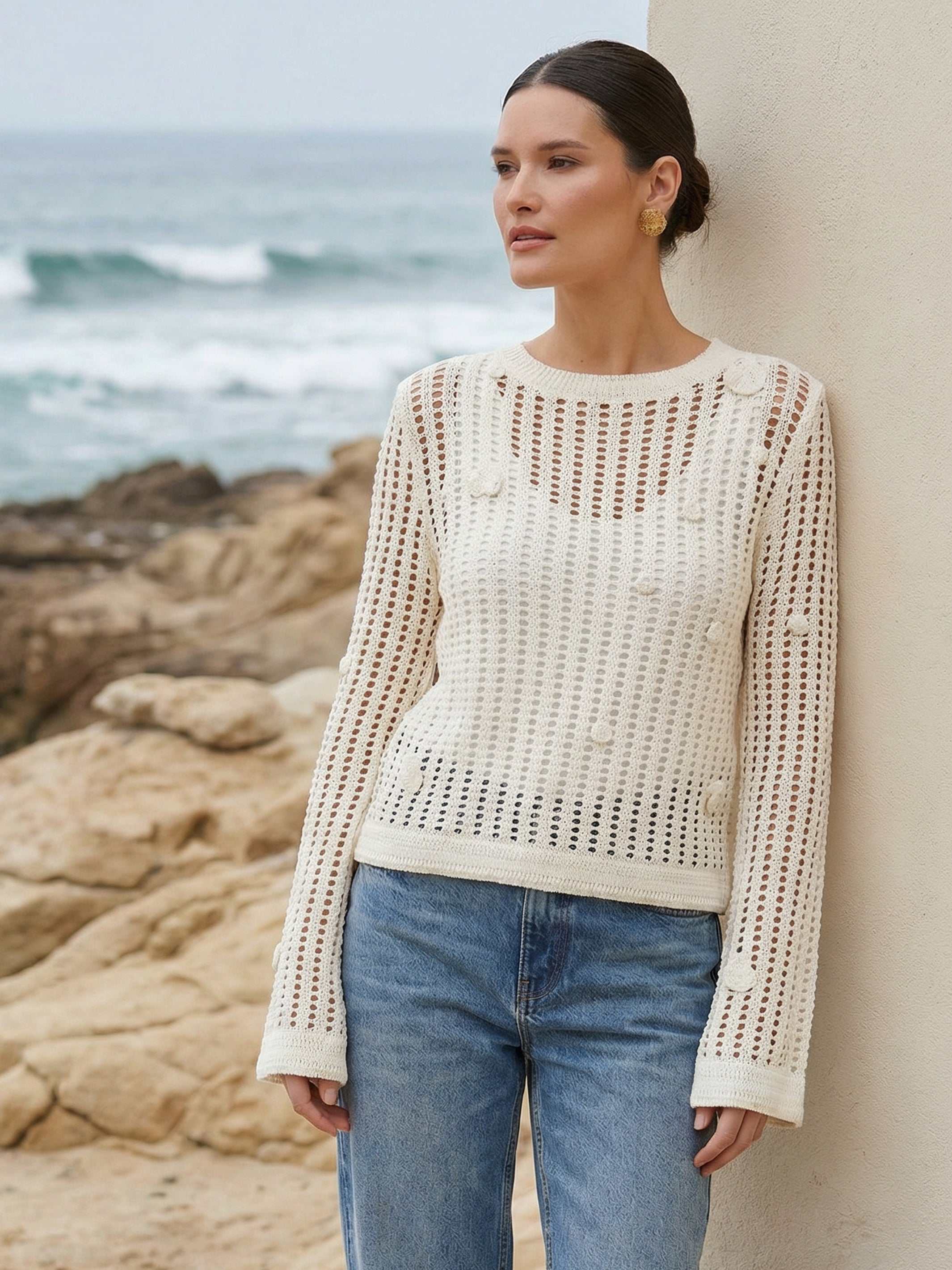 Liv Crochet Sweater open-weave crochet with flared sleeves and back keyhole closure