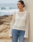 Liv Crochet Sweater open-weave crochet with flared sleeves and back keyhole closure