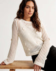 Semi-sheer Liv Crochet Sweater with flared sleeves and back keyhole closure, featuring delicate flower details.