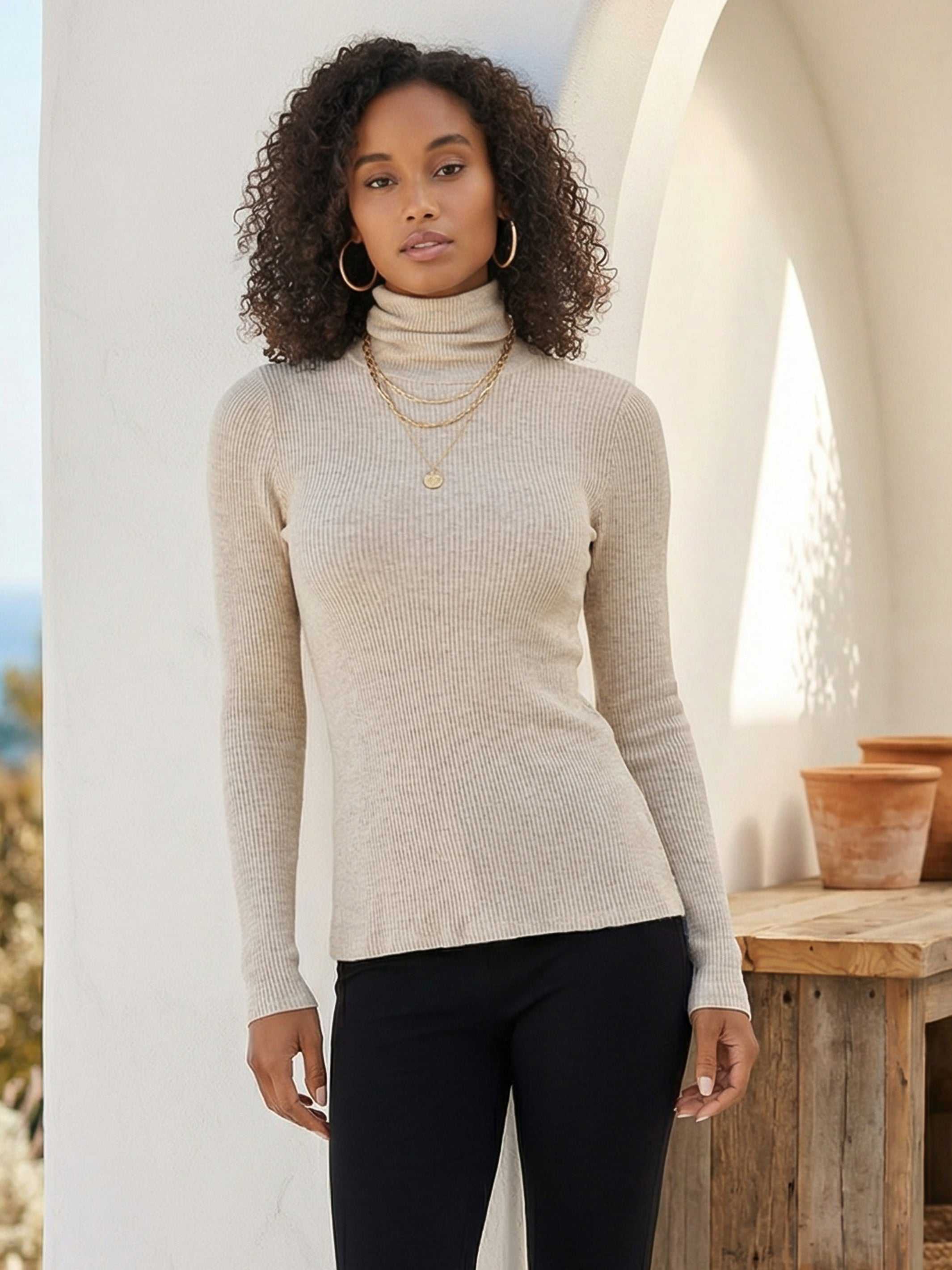 Long Sleeve Turtleneck in soft brushed rib fabric with classic turtleneck and long sleeves for cozy, polished layering