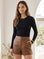 Long sleeve side shirred top in bamboo rib knit fabric for comfort and style