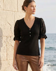 Tanya Lace Sleeve Top with V-neckline, delicate buttons, and contrast lace short sleeves.