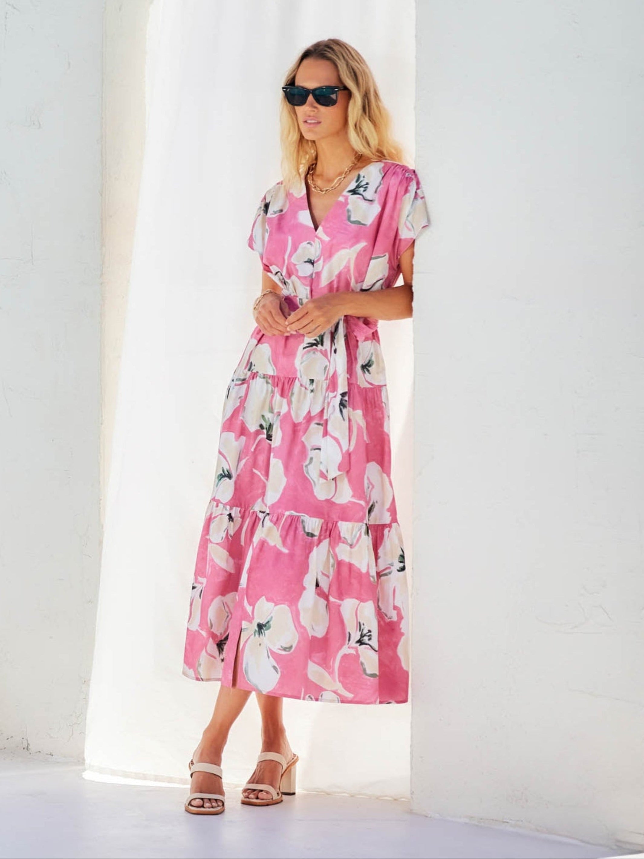 Kristine Tiered Front Slit Midi Dress | Fifteen Twenty Clothing
