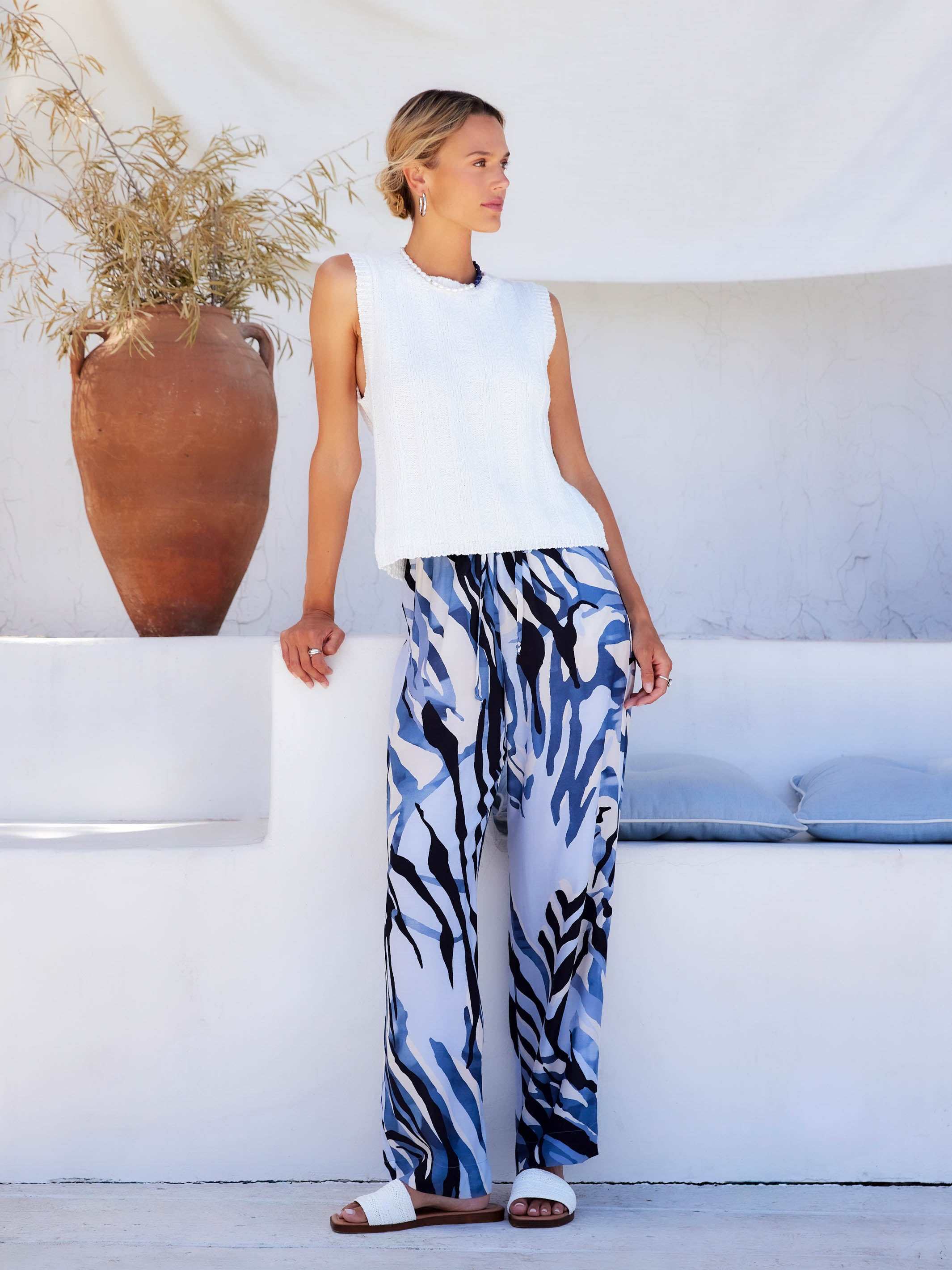 Cora Drawstring Pants wide-leg with blue abstract print and adjustable drawstring waist