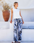 Cora Drawstring Pants wide-leg with blue abstract print and adjustable drawstring waist