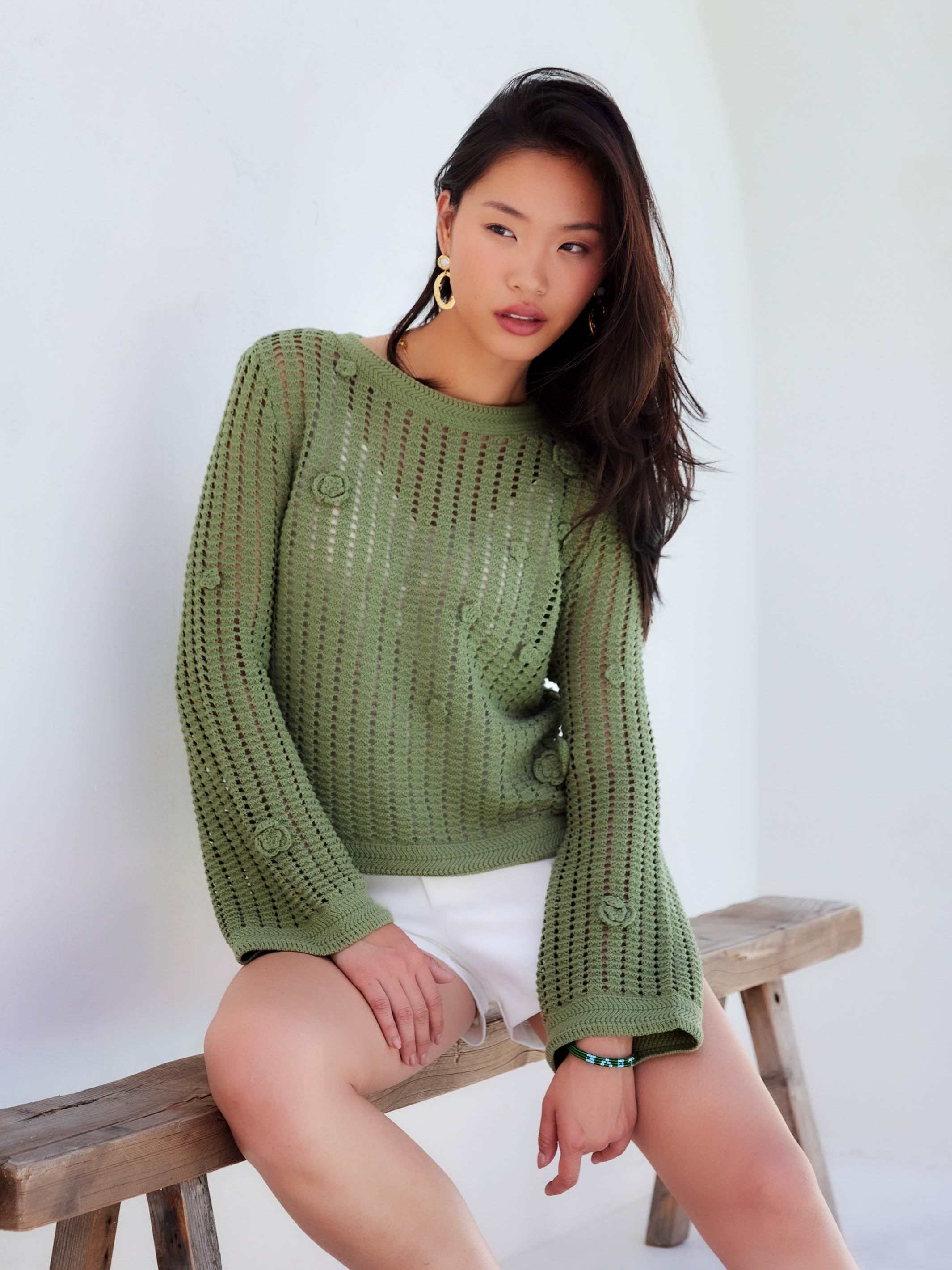 Liv Crochet Sweater semi-sheer open-weave with flared sleeves and back keyhole closure