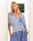 Leighton Ruched Sleeve Shirt with crisp collar and ruched 3/4 sleeves in striped fabric