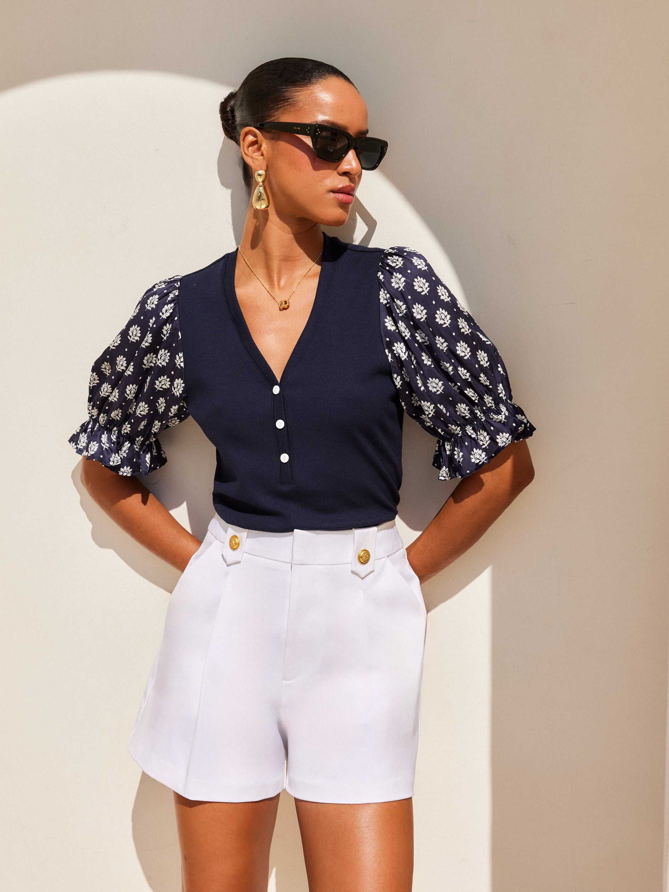 Tamra Contrast Puff Sleeve Top soft cotton modal rib knit V-neck henley placket fitted bodice feminine puff sleeves