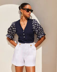 Tamra Contrast Puff Sleeve Top soft cotton modal rib knit V-neck henley placket fitted bodice feminine puff sleeves