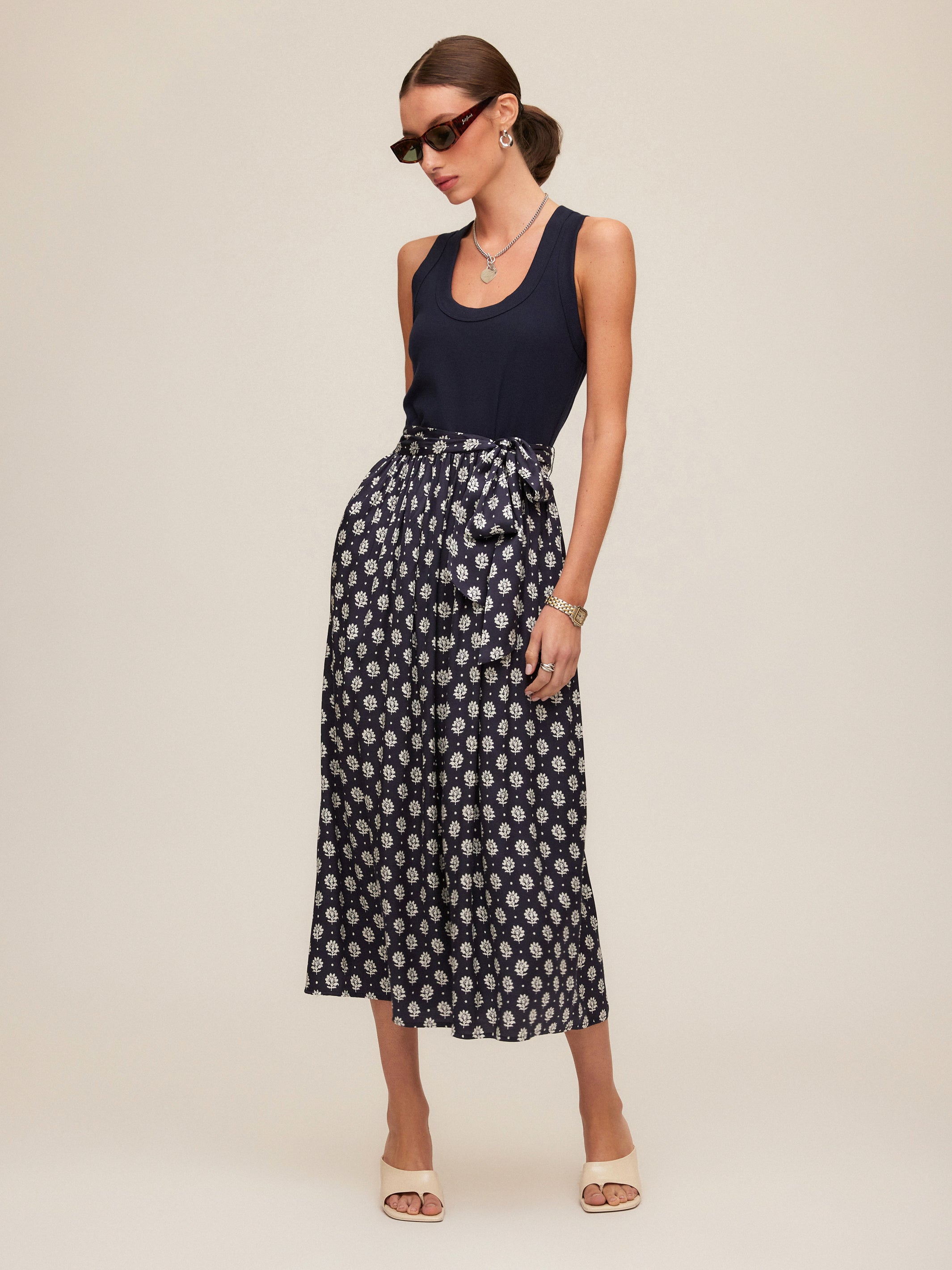 Contrast Belted Midi Dress