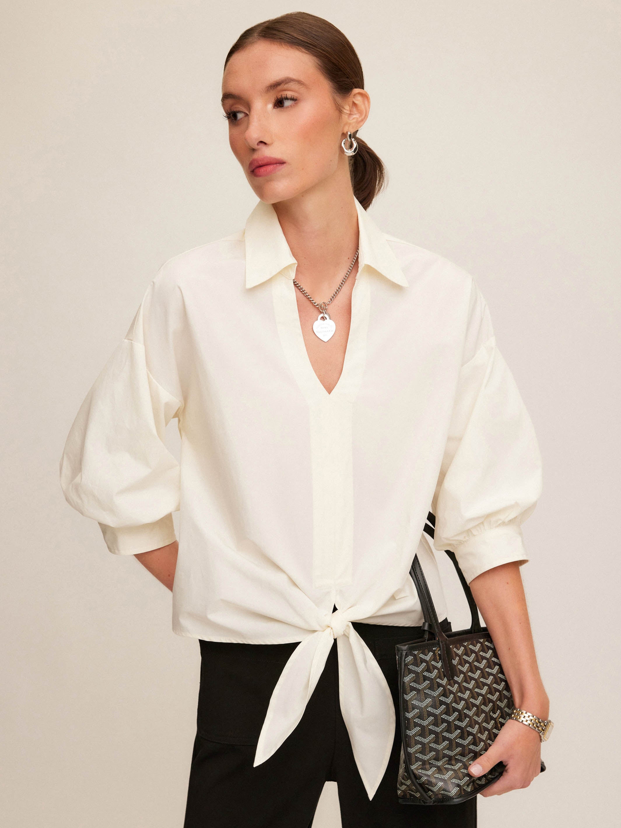 Jena Lantern Sleeve Tie-Front Top