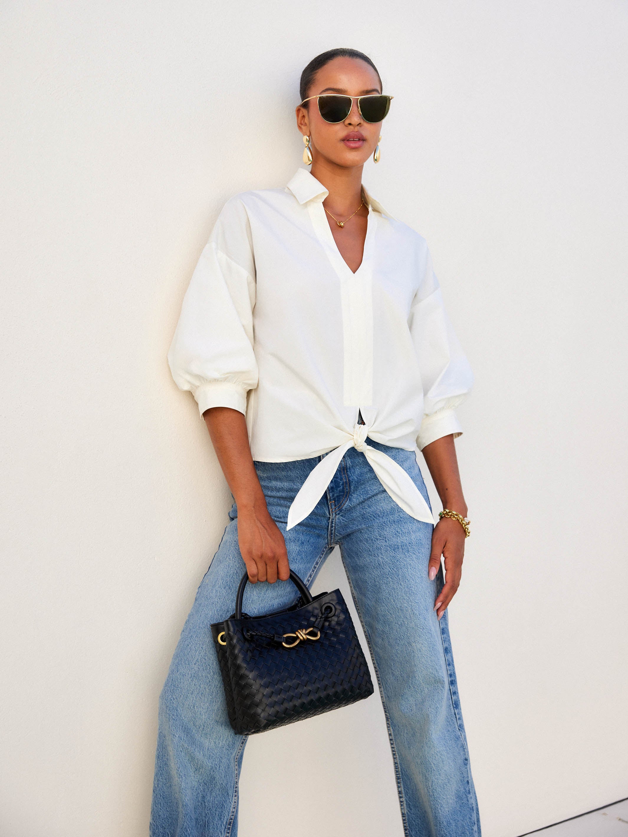 Jena Lantern Sleeve Tie-Front Top