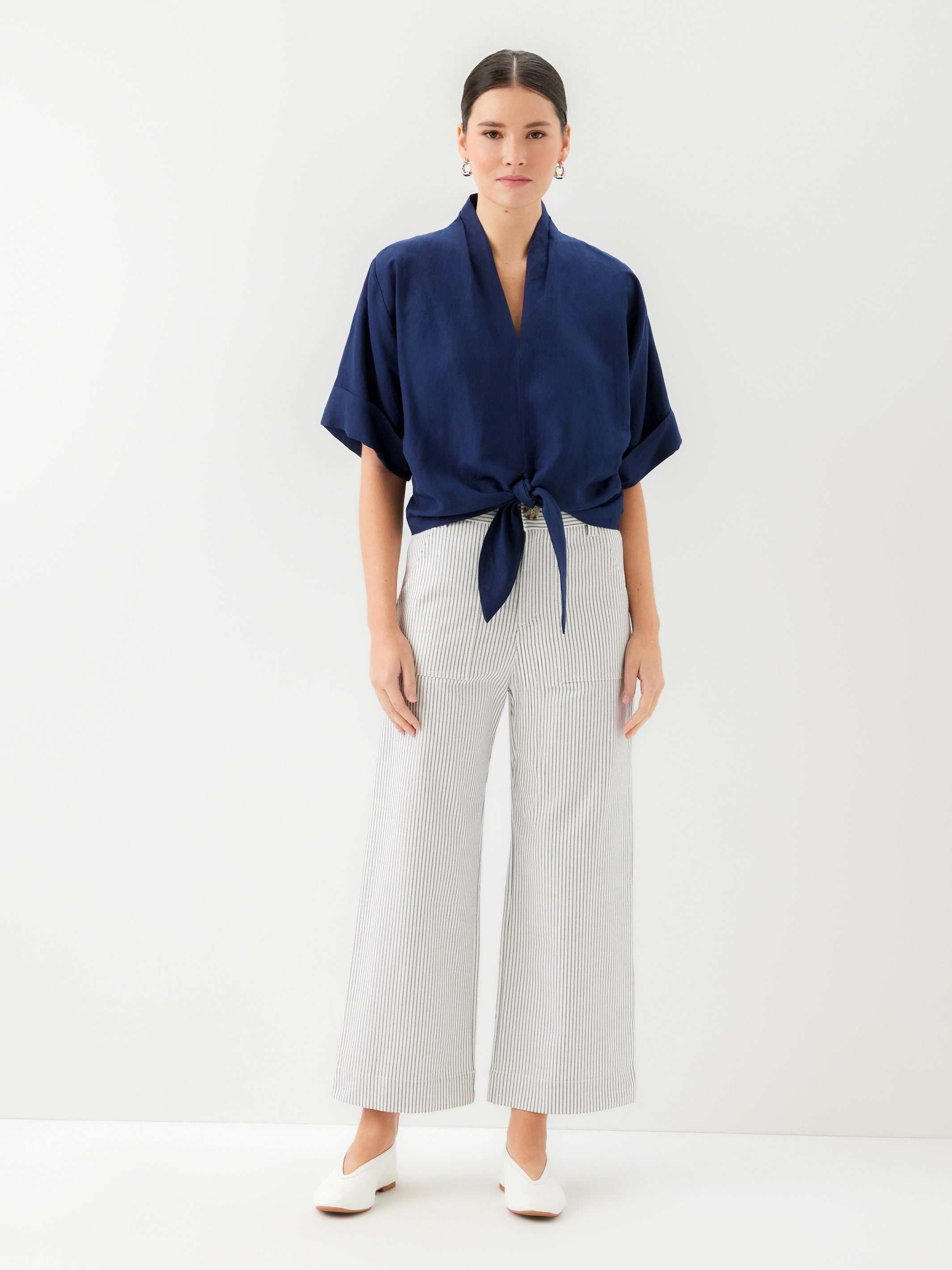 Janice Cuffed Sleeve Tie-Front Top - Breathable Linen Rayon Blend