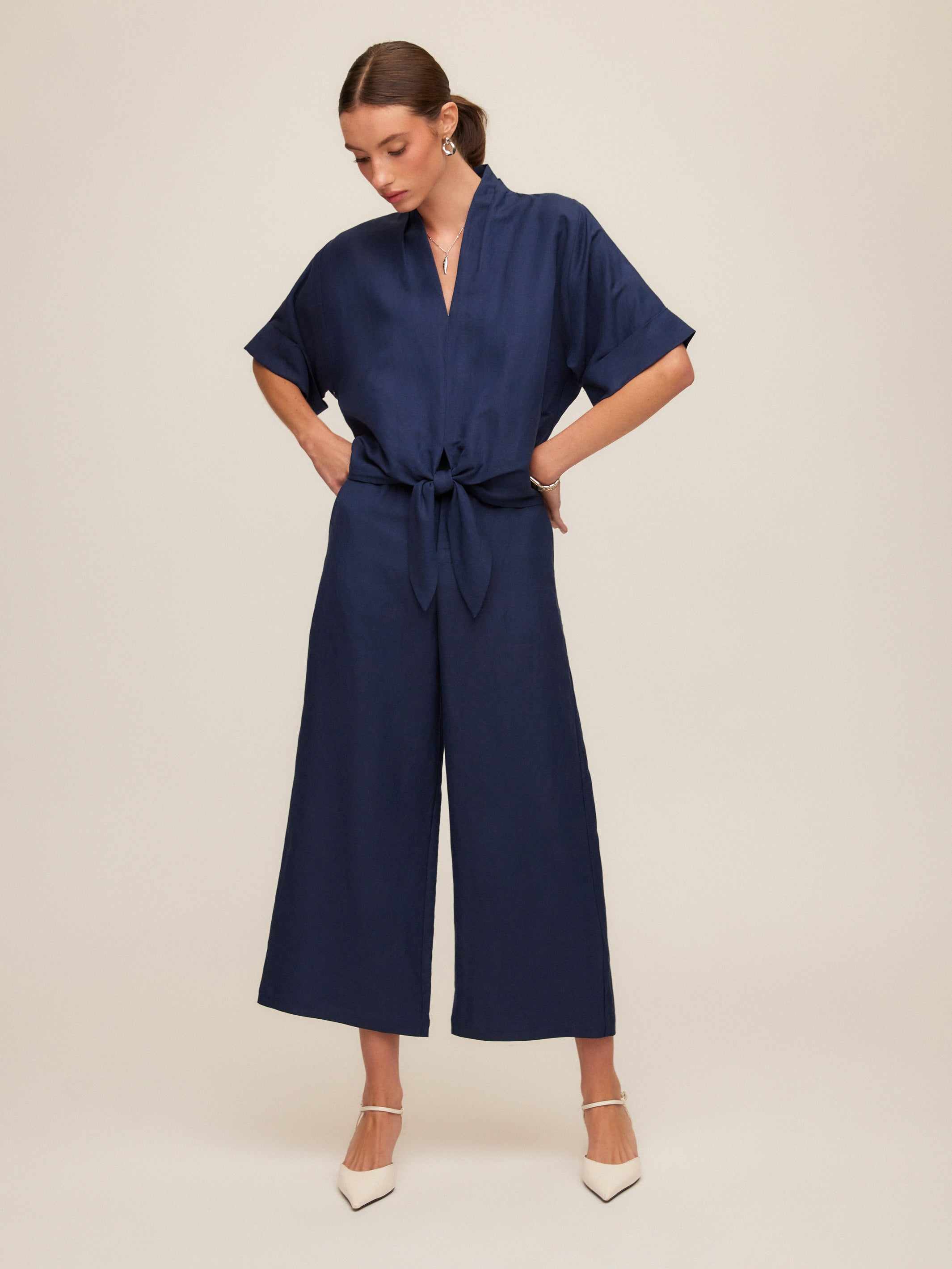 Janice Cuffed Sleeve Tie-Front Top - Breathable Linen Rayon Blend