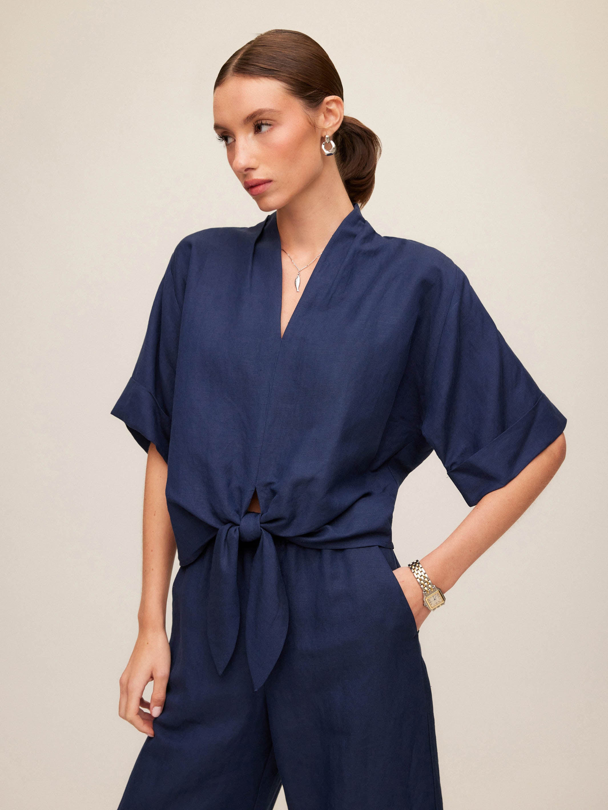 Janice Cuffed Sleeve Tie-Front Top