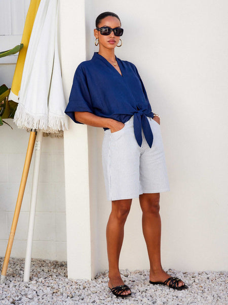 Janice Cuffed Sleeve Tie-Front Top - Breathable Linen Rayon Blend
