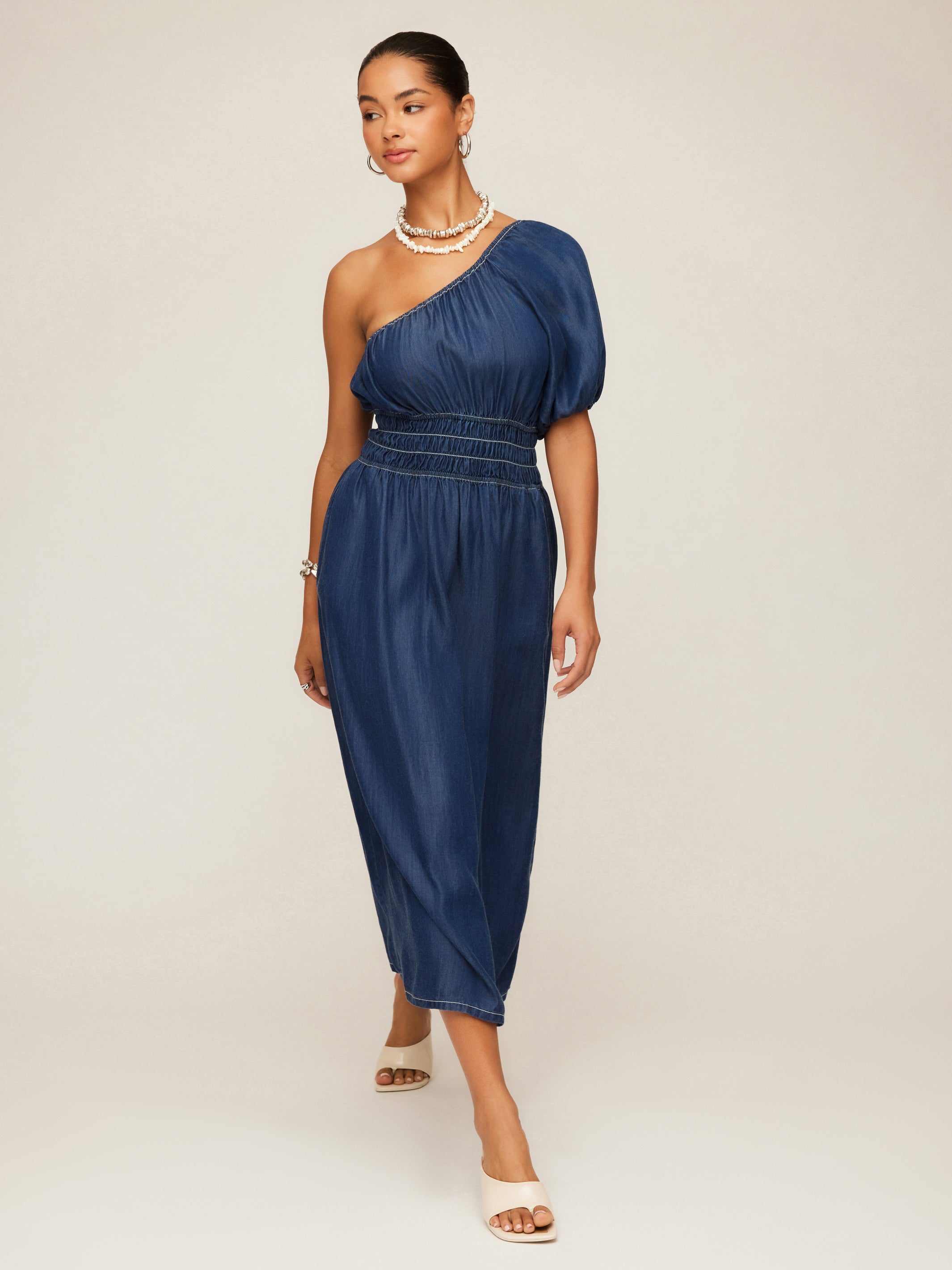 Fifteen Twenty Women's Abilene One-Shoulder Midi Dress In Indigo 2F66005 Fifteen Twenty Women's Abilene One-Shoulder Midi Dress In Indigo 2F66005