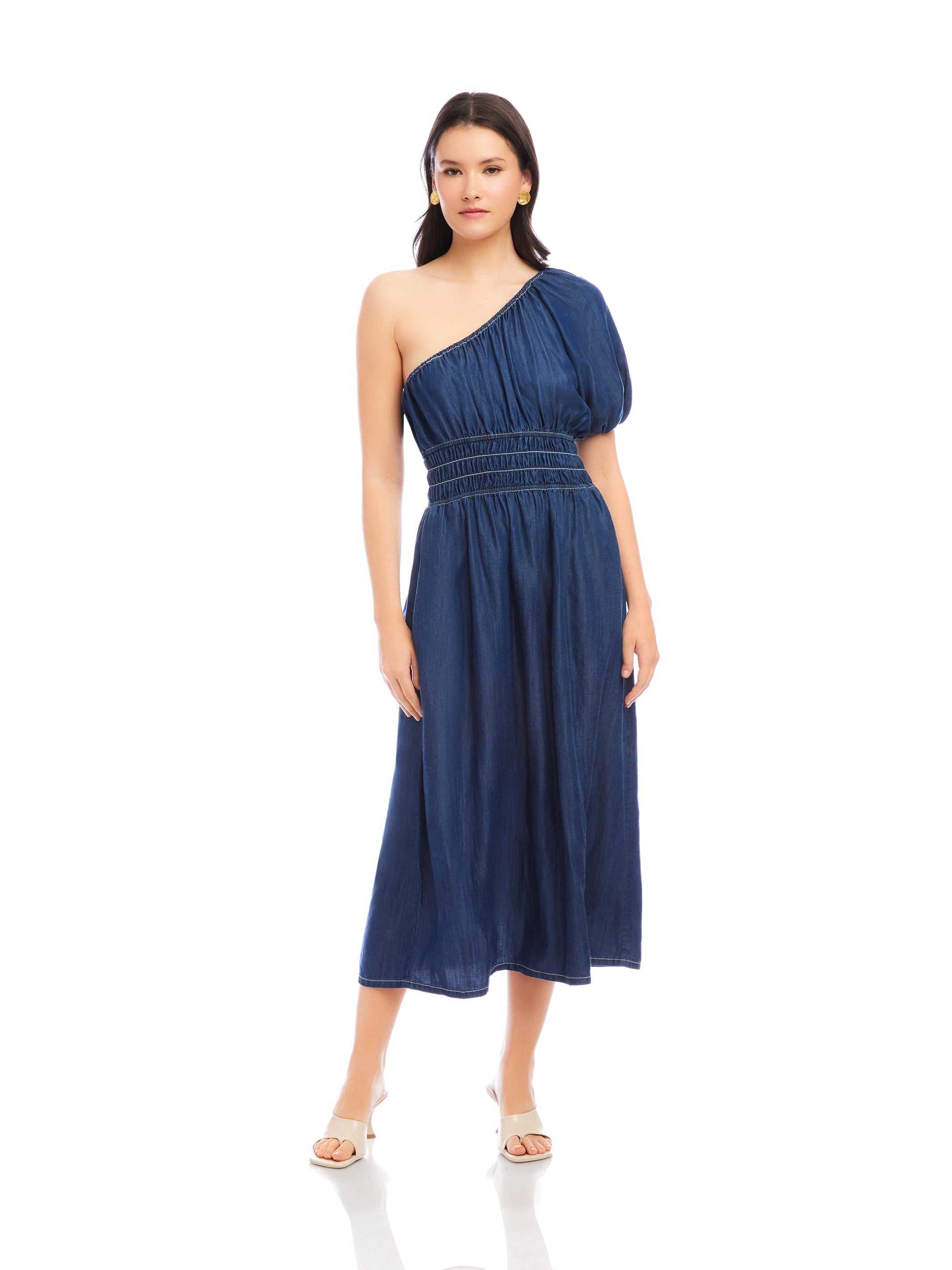 one shoulder midi summer dress Baltic Born Womens Brisa One Shoulder Midi Dress | White + Blue