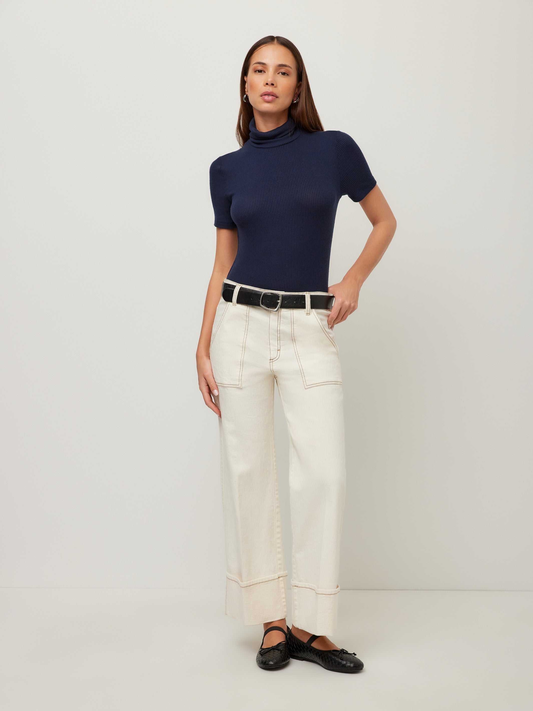 Tracey Patch Pocket Jeans in soft stretch denim with wide-leg silhouette, cuffed hems, and contrast stitching.