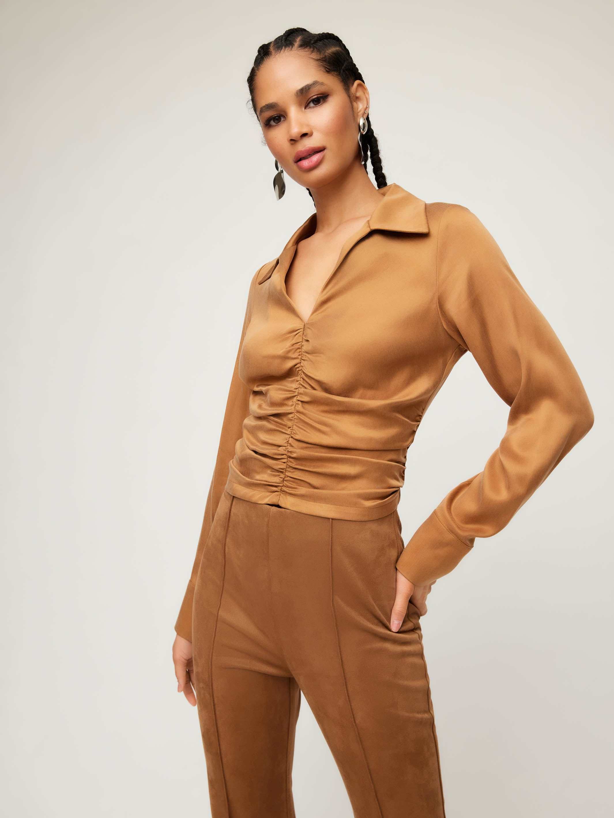 Arabella Shirred Top in soft woven cupro with collared V-neck and cuffed long sleeves