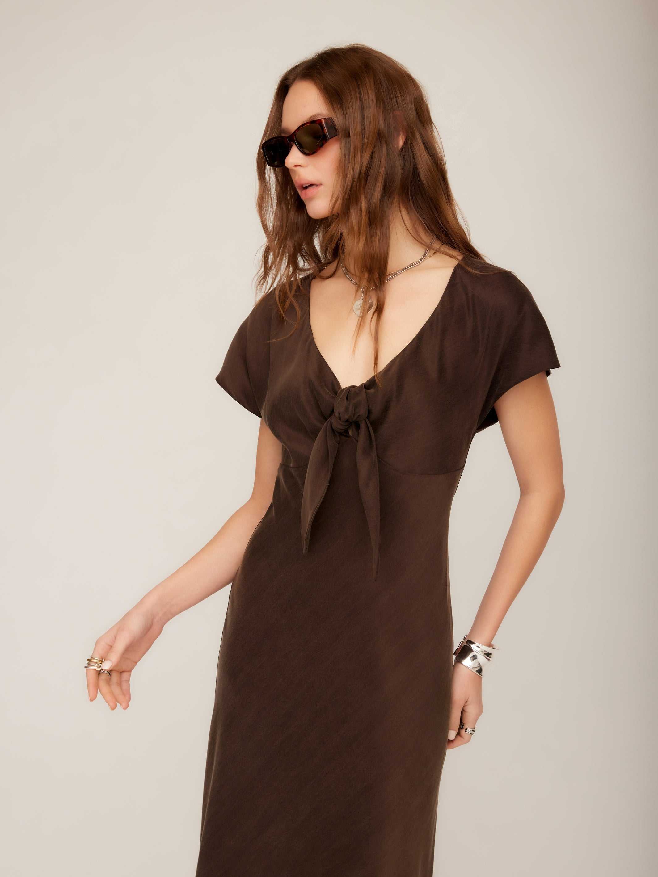 brown tie front dress Emmeline Tie-Front Bias Dress