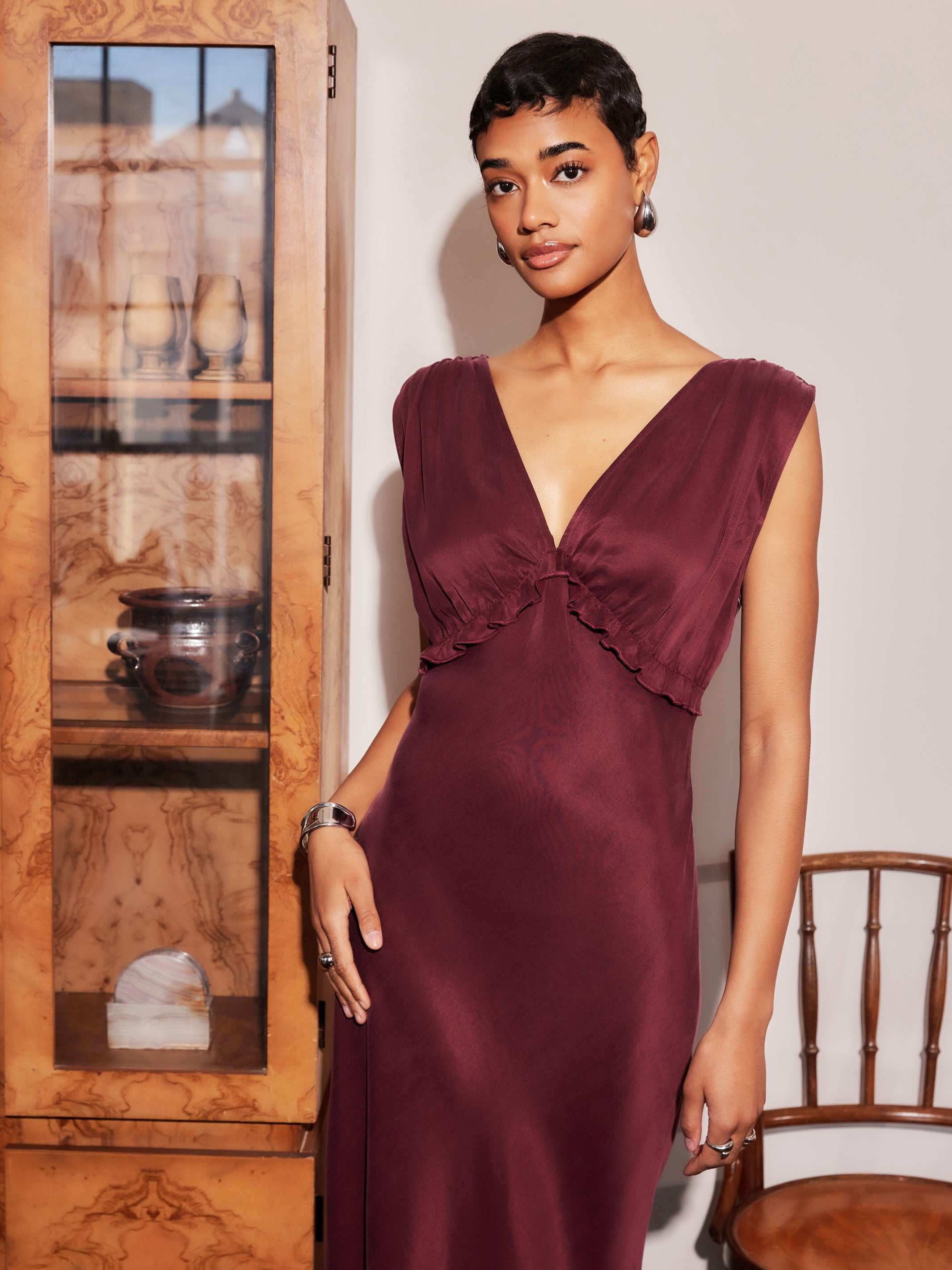 Cierra Ruffle Detail Midi Dress - Elegant Sleeveless V-Neck Style Fifteen Twenty Cierra Ruffle Detail Midi Dress - Elegant Sleeveless V-Neck Style Fifteen Twenty