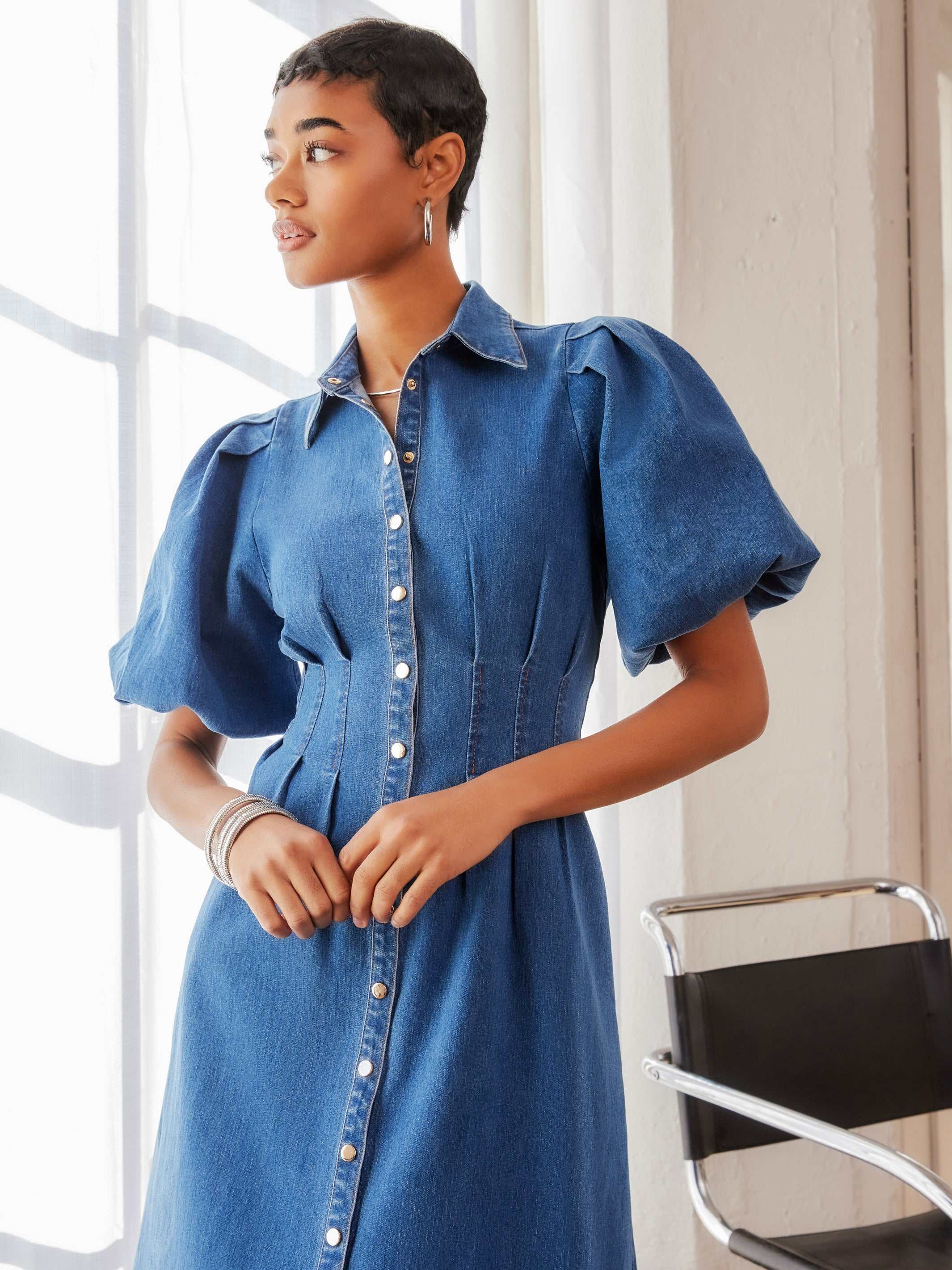 Esme Denim Midi Dress - Stylish Stretch Denim with Puff Sleeves and Pockets Fifteen Twenty Esme Denim Midi Dress - Stylish Stretch Denim with Puff Sleeves and Pockets Fifteen Twenty
