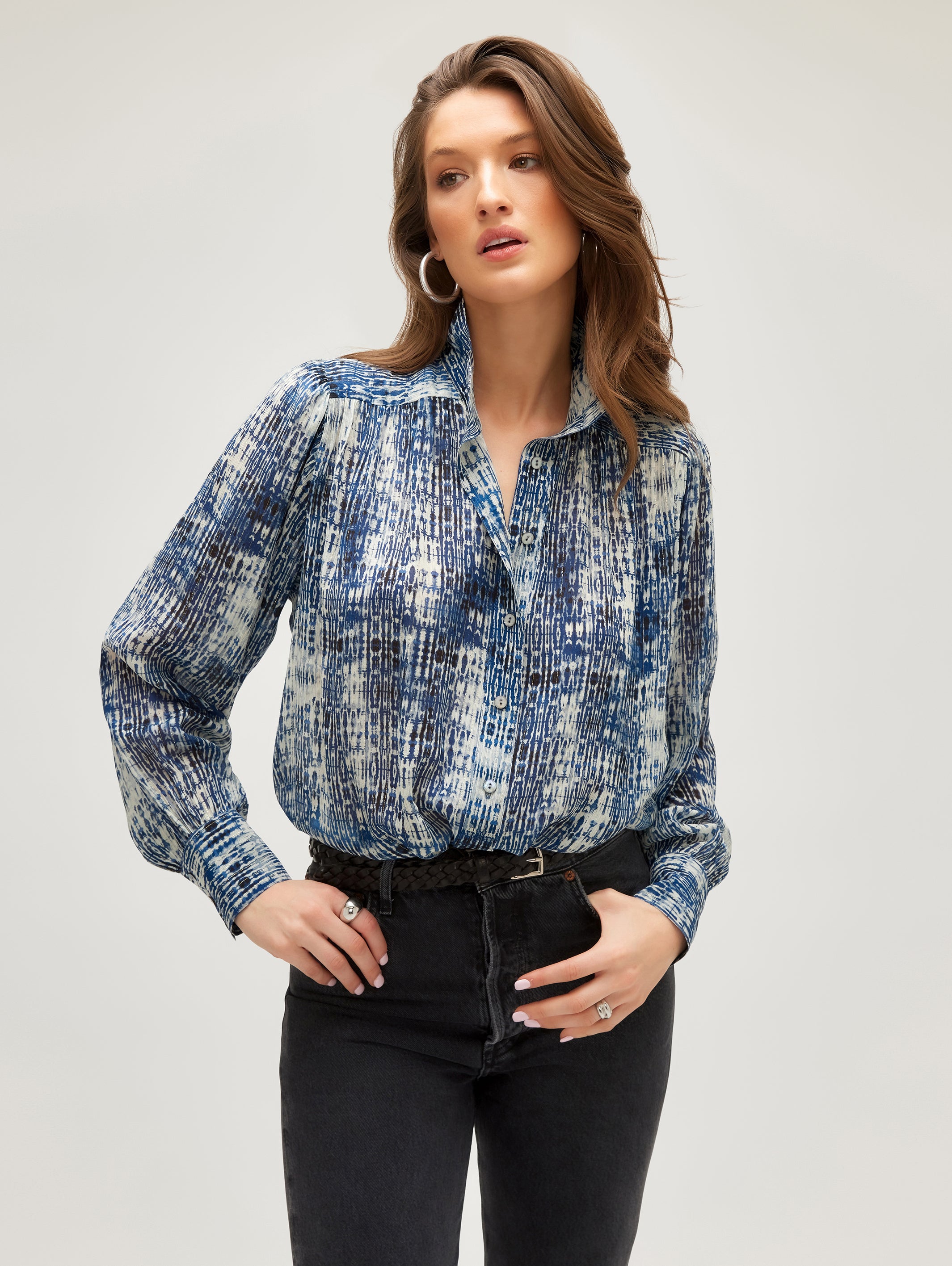 Shirred Button-Up Blouse