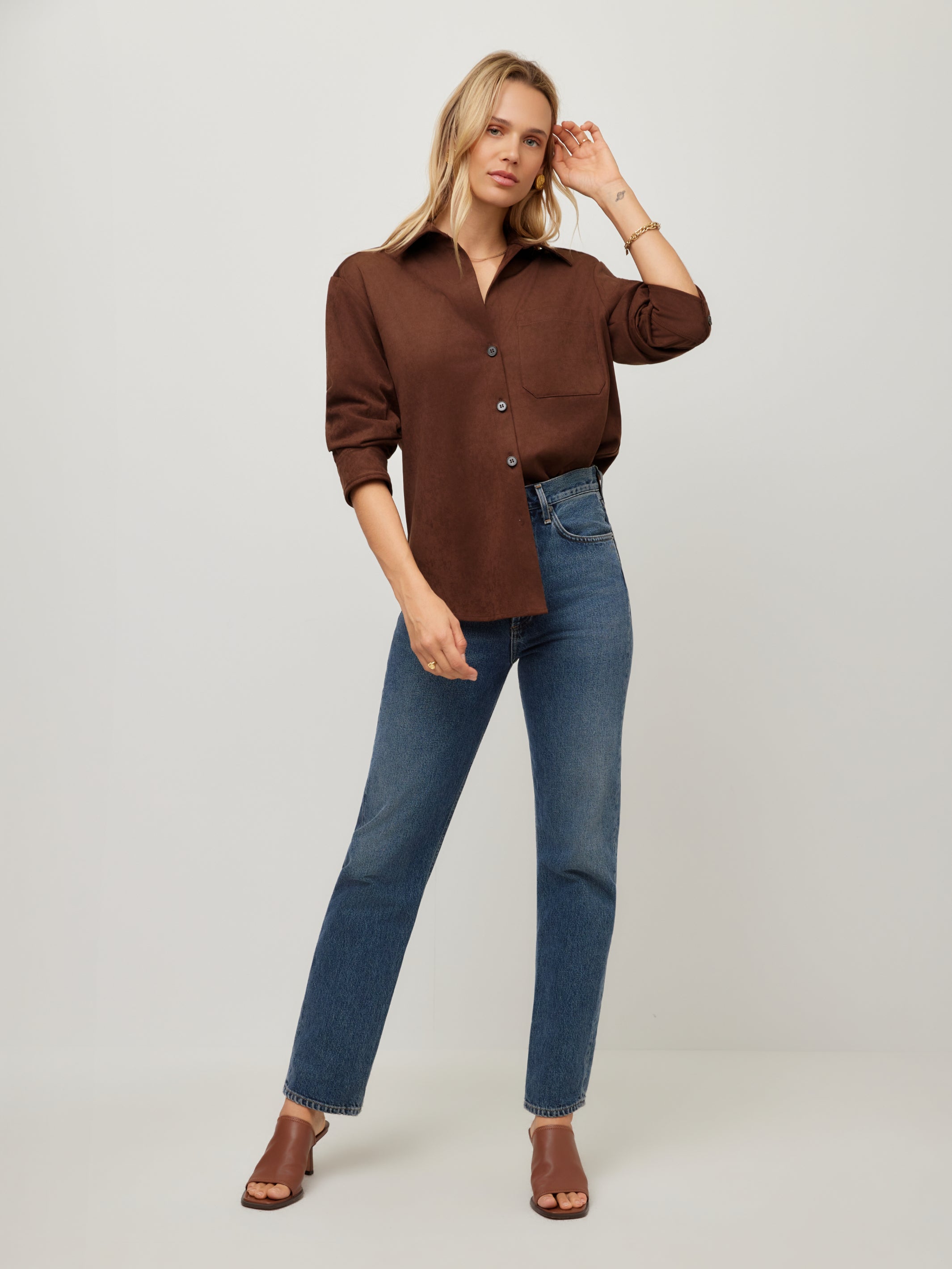 Leighton Faux Suede Ruched Sleeve Shirt