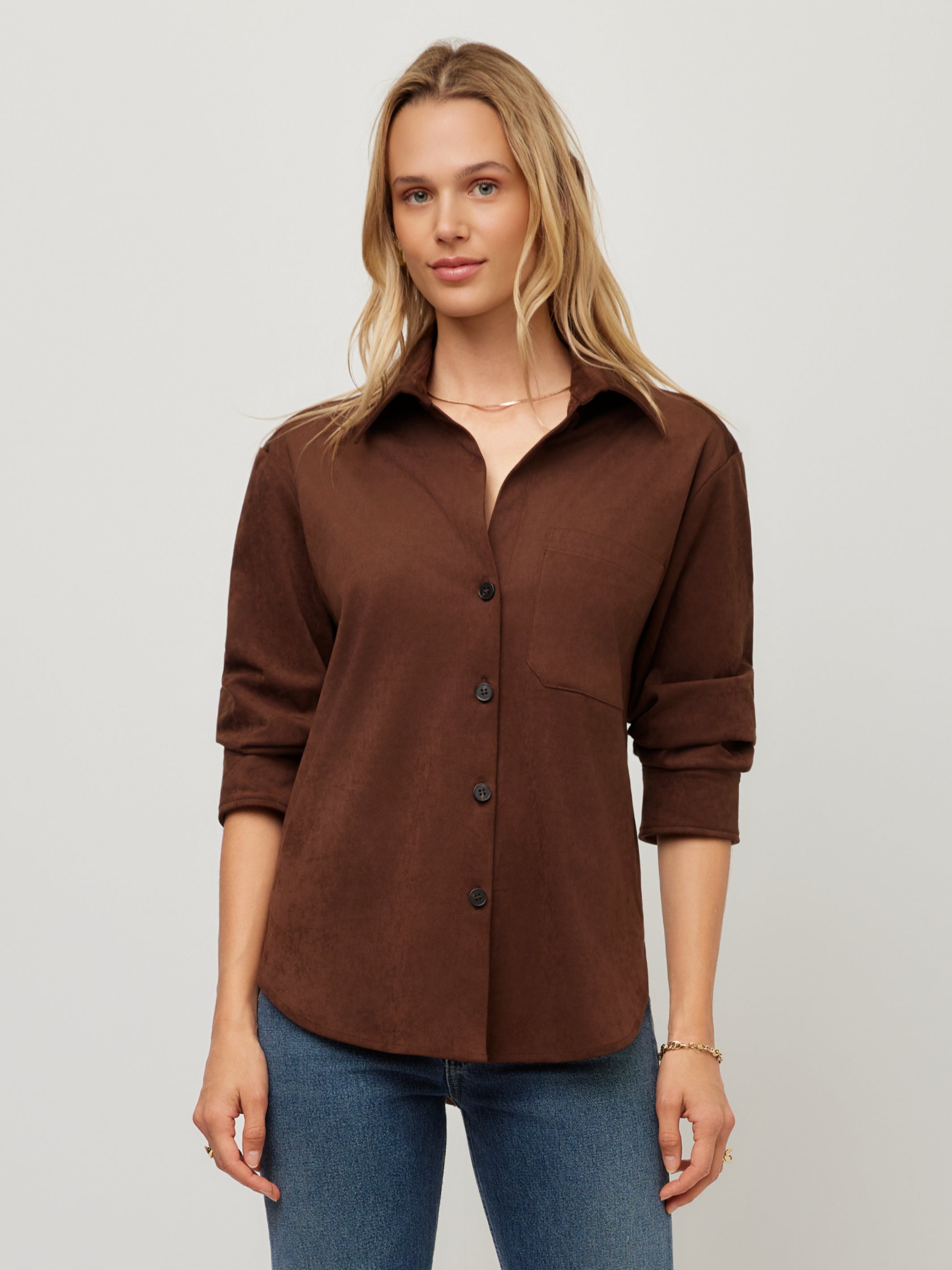 Leighton Faux Suede Ruched Sleeve Shirt