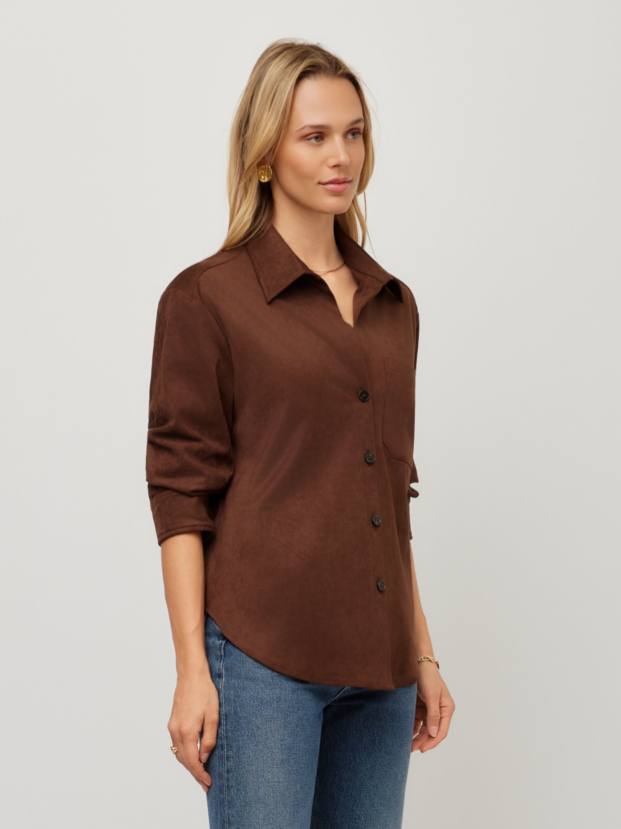 Leighton Faux Suede Ruched Sleeve Shirt
